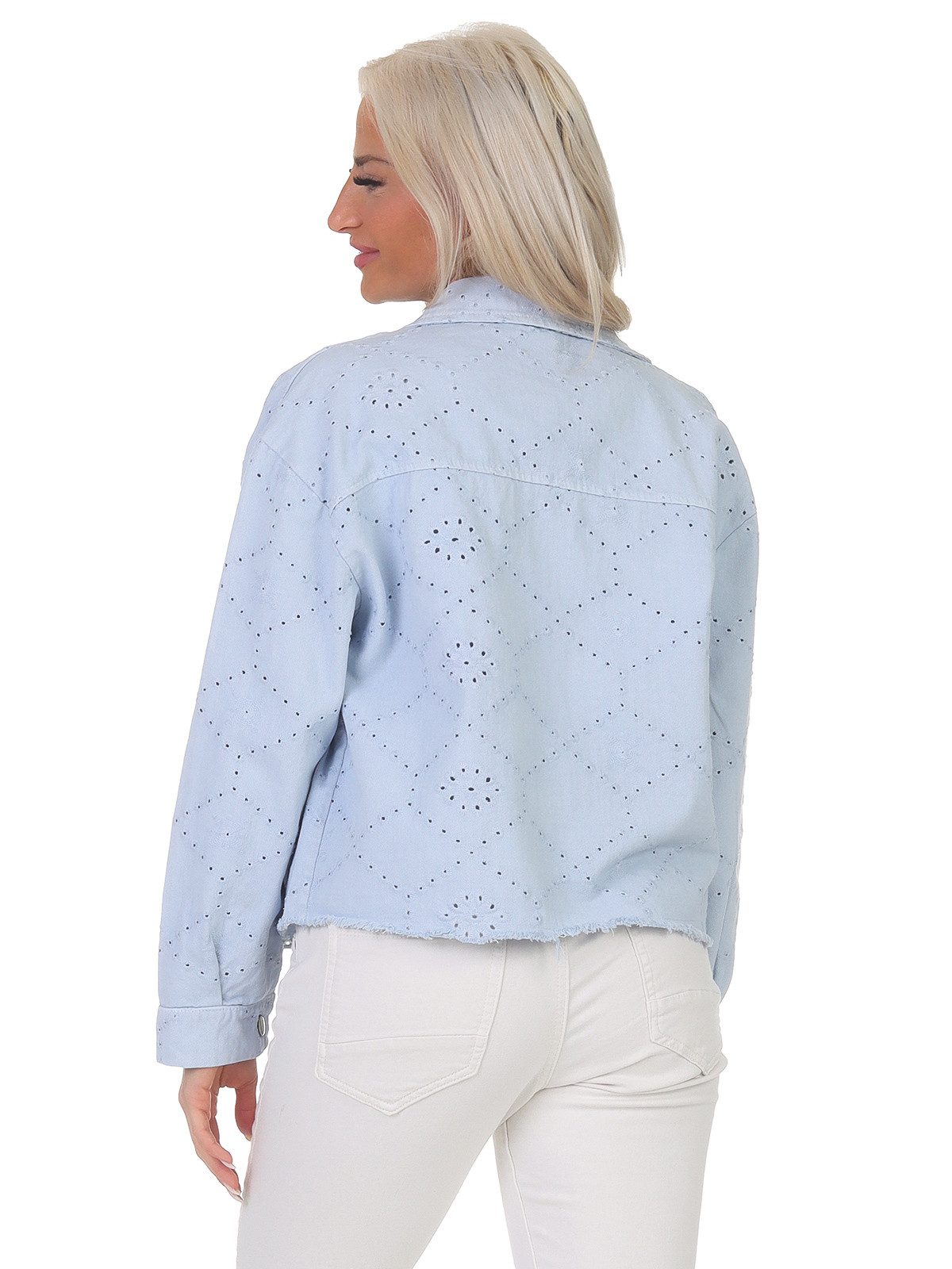 Aurela Damenmode Jeansjacke Damen Sommerjacke Jeanslook leichte Kurzjacke Denim mit Lochstickerei
