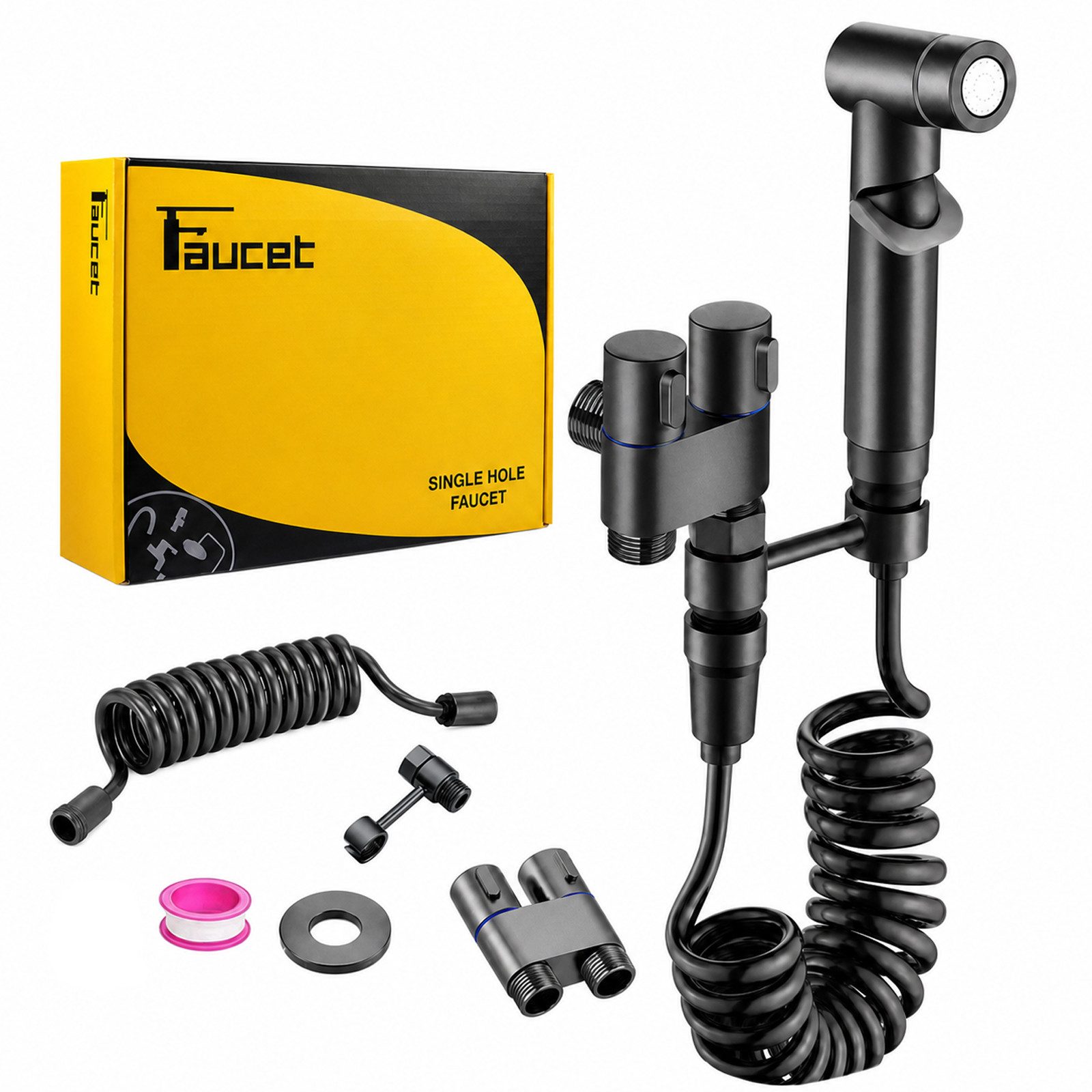 BOOD Bidetarmatur Bidet‑Sprüh‑Set Matt‑Schwarz, Doppel‑Eckventil mit 2 m Spiralschlauch (Set, Montage erforderlich) Für Haustierwaschen und Badezimmerreinigung geeignet.