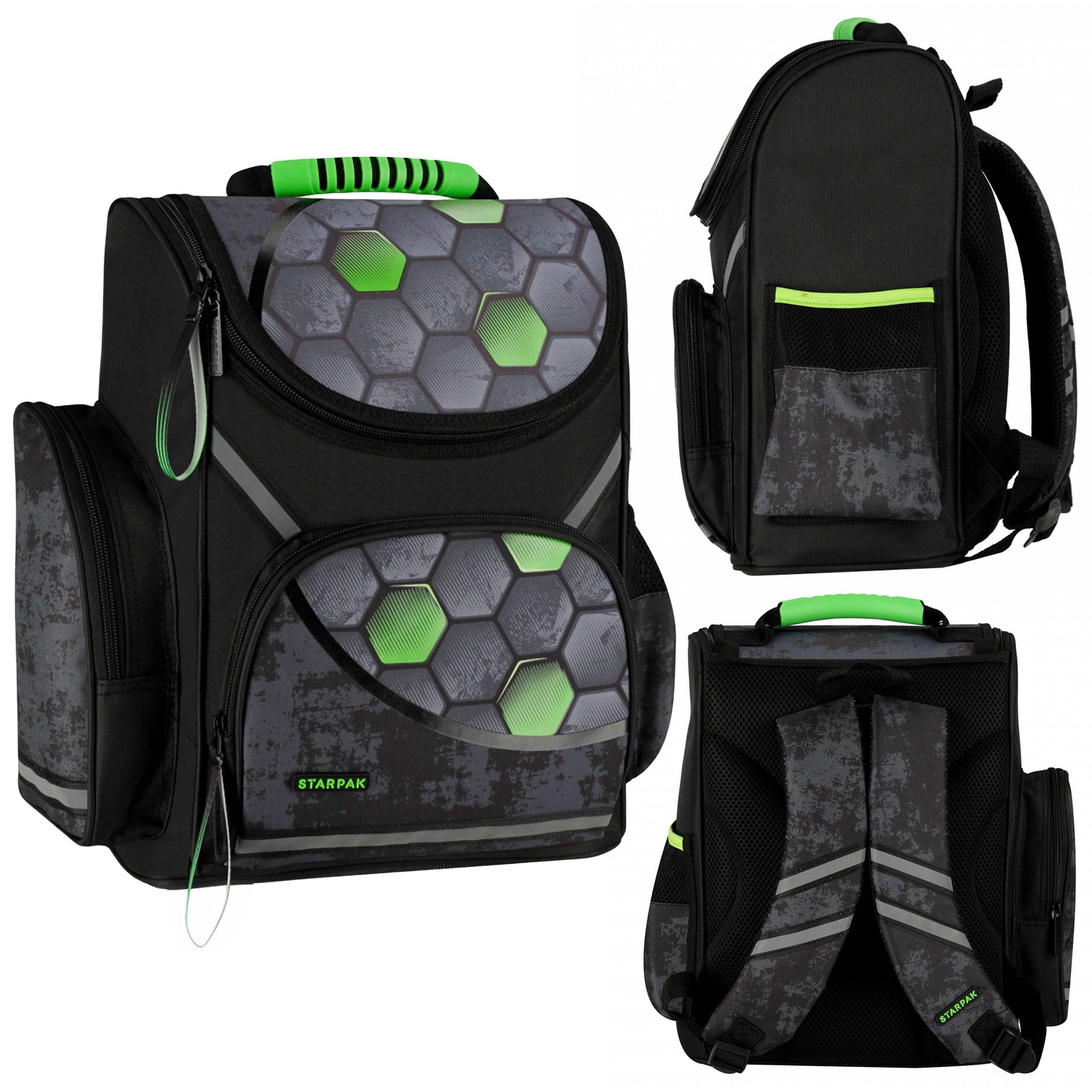 Sarcia.eu Schulrucksack Football schwarz-grüner Schulranzen 37x32x22cm, gepolstert