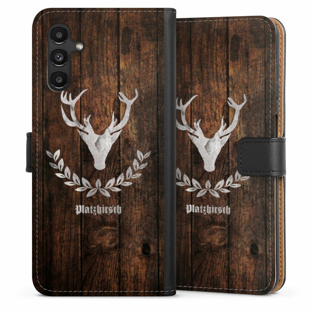 DeinDesign Handyhülle Hirsch Holzoptik Holz Platzhirsch, Samsung Galaxy A13 5G Hülle Flip Case Klapphülle Handytasche Leder