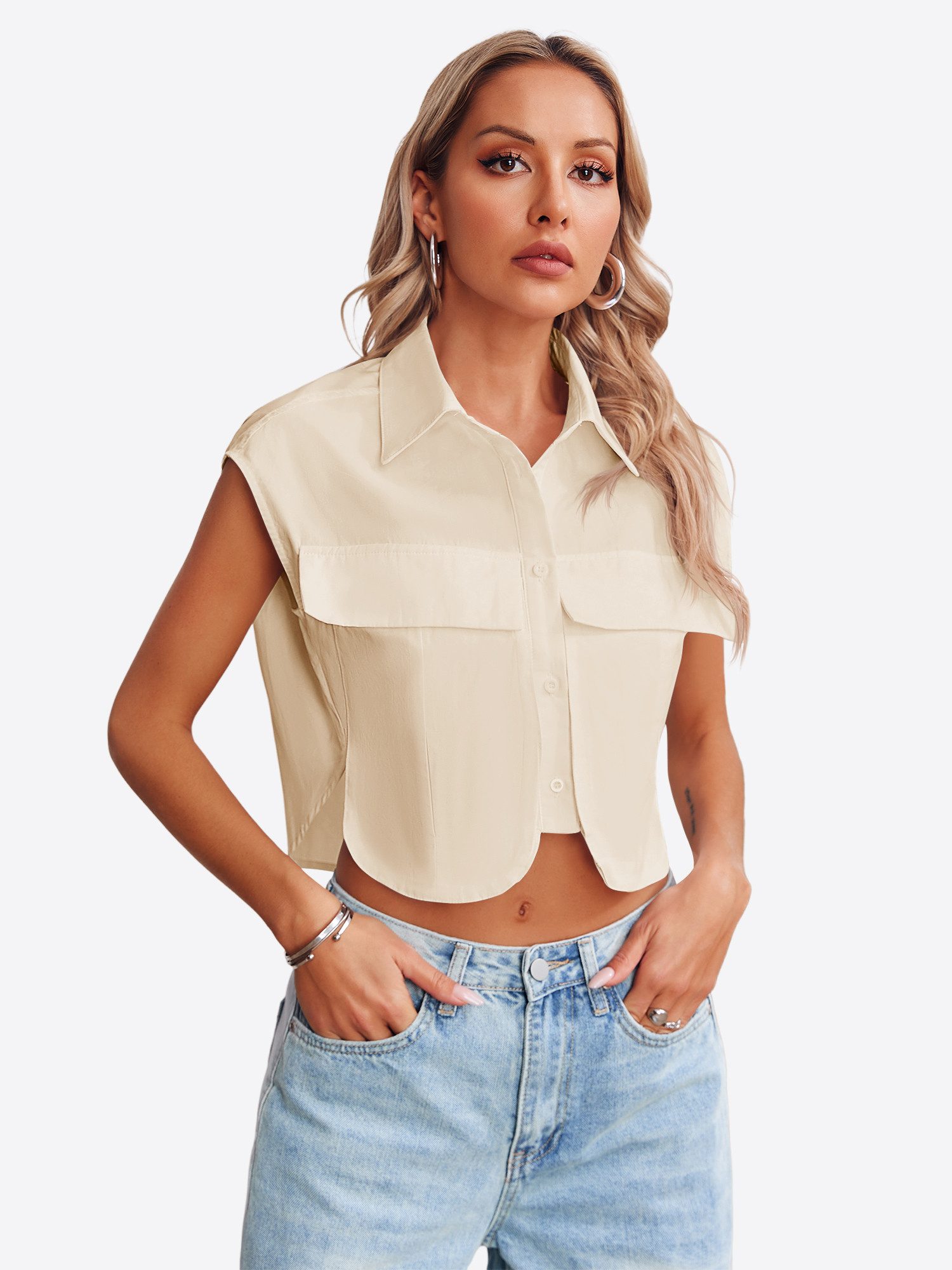 Imily Bela Blusenshirt Damen Ärmellose Cropped mit Brusttaschen und Kragen Casual (Packung, 1-tlg., 1per-Pack) aus Baumwolle in Unifarbe