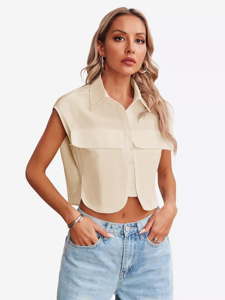 Imily Bela Blusenshirt Damen Ärmellose Cropped mit Brusttaschen und Kragen Casual (Packung, 1-tlg., 1per-Pack) aus Baumwolle in Unifarbe