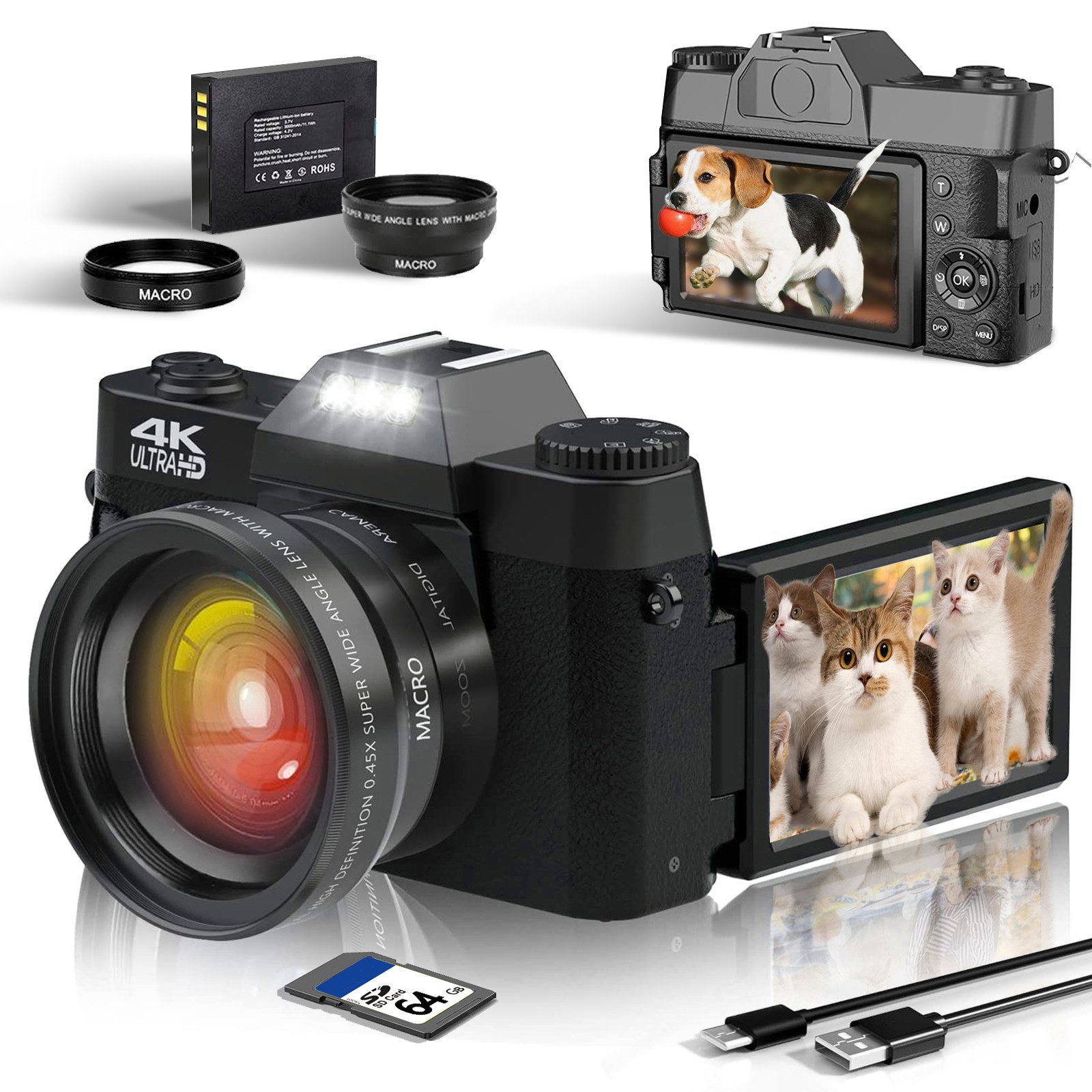 Fine Life Pro Digitalkamera 4K, Fotokamera mit 180° Flip 3.0" Bildschirm Kompaktkamera (48 MP, Kompaktkamera mit 64GB TF-Karte, WiFi-Funktionalität)