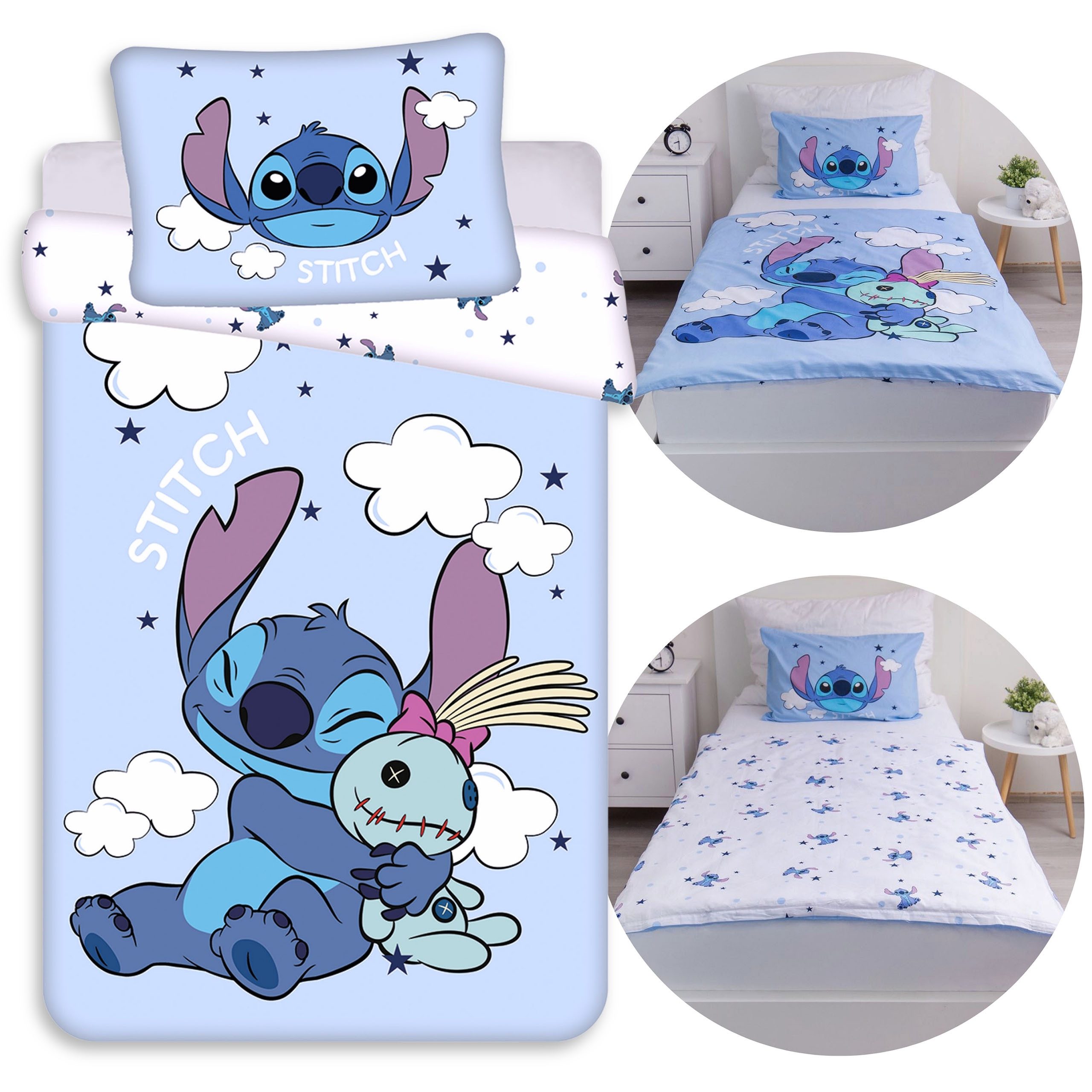 Sarcia.eu Kinderbettwäsche Stitch blau-weiße, Baumwolle Kinderbettwäsche 100x135cm+40x60cm