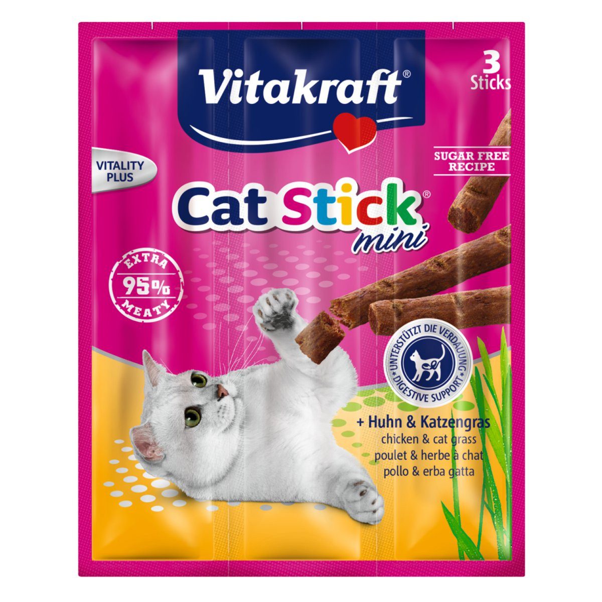 Vitakraft Katzensnack Cat-Stick mini Huhn & Katzengras, 3 x 6g
