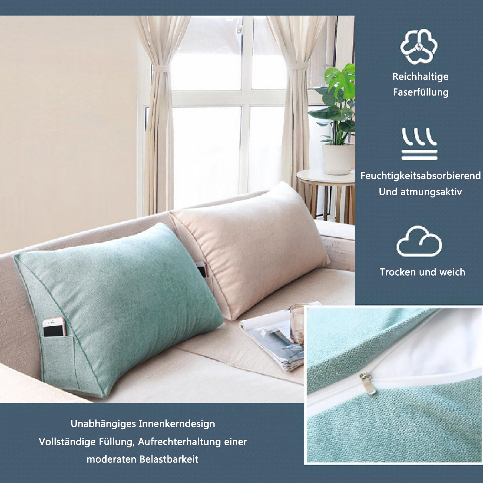Agger Rückenkissen Lesekissen, Nackenrolle, Rückenstütze, dreieckiges Kissen mit Ecken, Strandkissen, Waschbarer Bezug – Bild 2 von 5