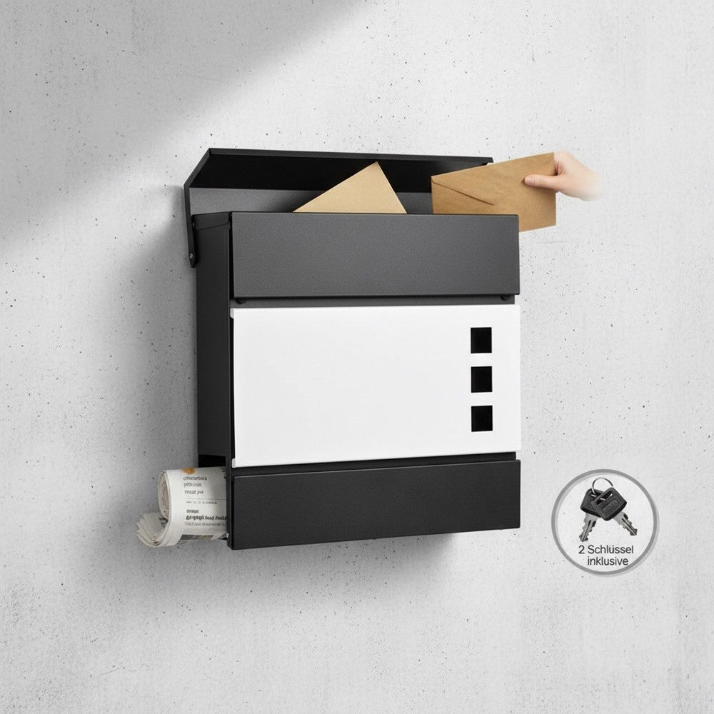 Feel2Home Briefkasten Wandbriefkasten Schwarz/Weiß Zeitungsrolle Postfach Mailbox wetterfest (Premium-Briefkasten)