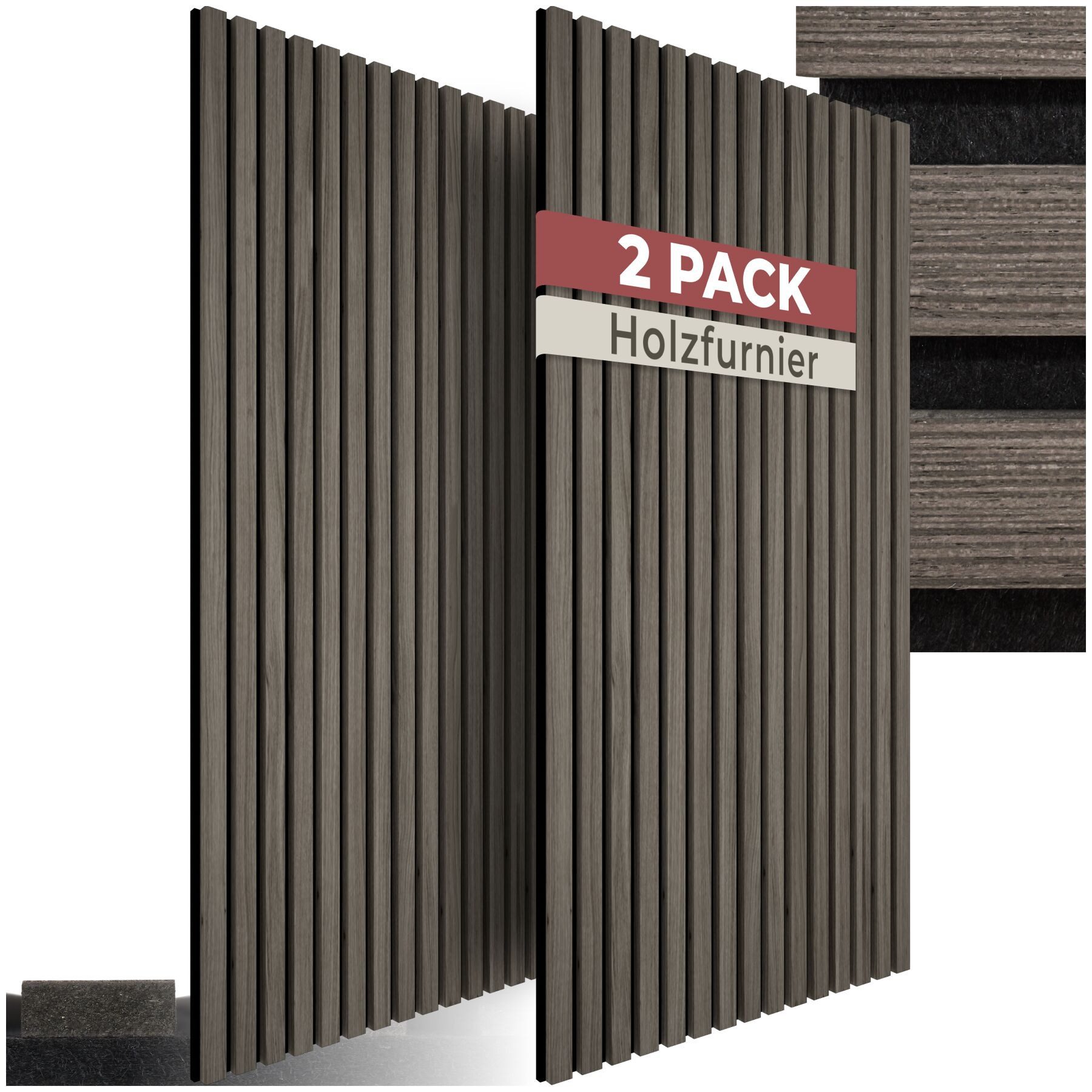 tectake Wandpaneel Akustikpaneele aus MDF und Echtholzfurnier - Eiche grau, BxL: 50x110 cm, 0.55000000000000004 qm, (Holzpaneele Sonic Wall II, 2-tlg., Größe flexibel anpassbar) schallabsorbierender Filz, einfache Montage mit Kleber oder Schrauben