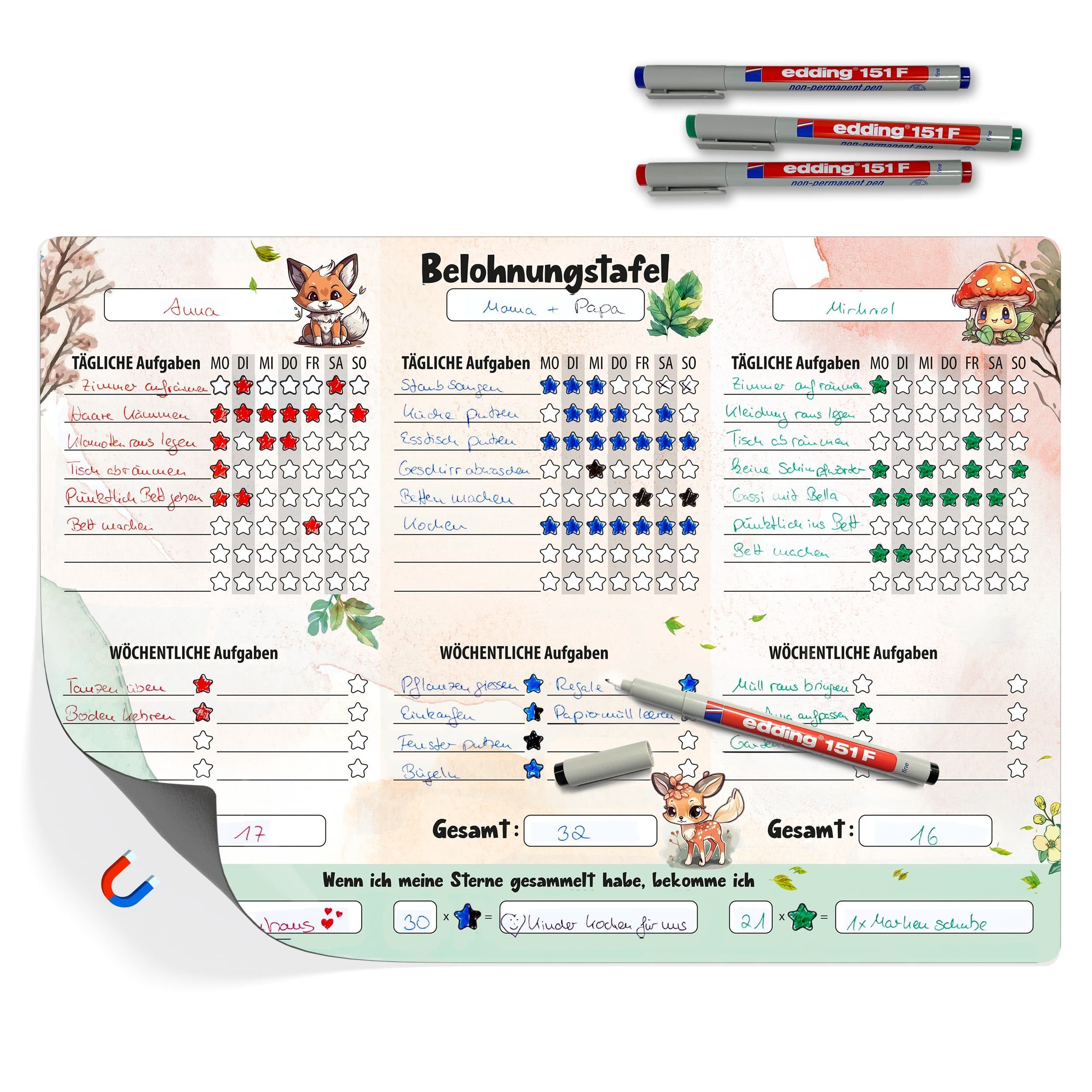 TOBJA Magnettafel A3 Belohnungstafel [Waldtiere] +4 Stifte Kinder magnetisch, (Set), Belohnungssystem magnetisch inkl. 4 Bunte Markenstifte