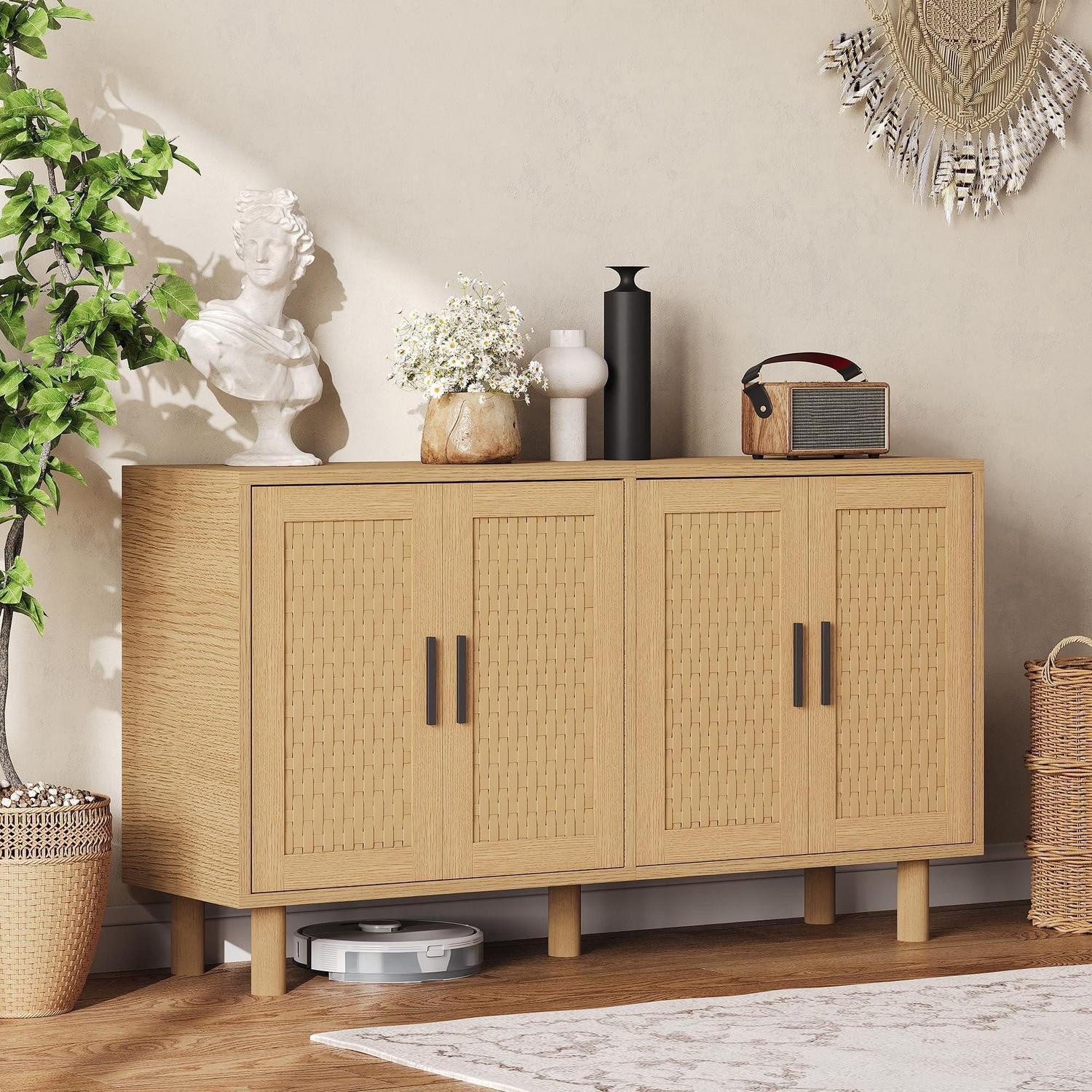 LuxusKollektion Buffet Sideboard Retro 4 Rattan Türen 140x40x80cm Helle Holzfarbe 140x40x80cm