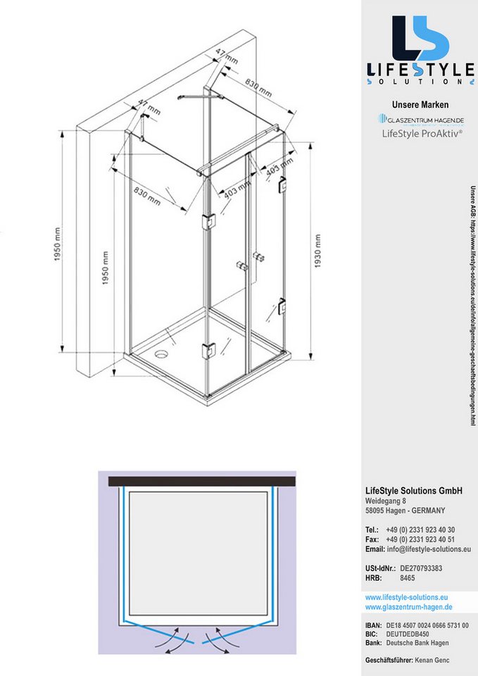 Thumbnail - Glaszentrum Hagen Eckdusche Glaszentrum Hagen - 90x90x90x195 cm - Ares U-Duschkabine Dusche Duscha