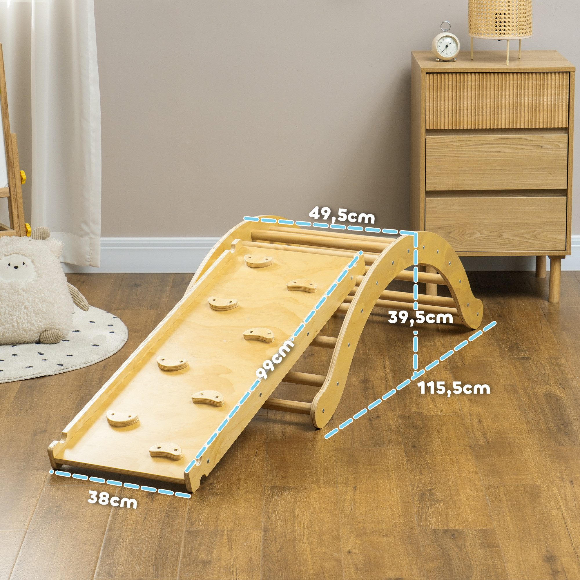 AIYAPLAY Klettergerüst Montessori Holz Kletterbogen Rutsche Matte Spielplatz, (Kletterspielzeug, 4-St., Kletterdreieck zum Rutschen und Klettern), für Kinder 1,5-4 Jahre, Indoor, Naturholz