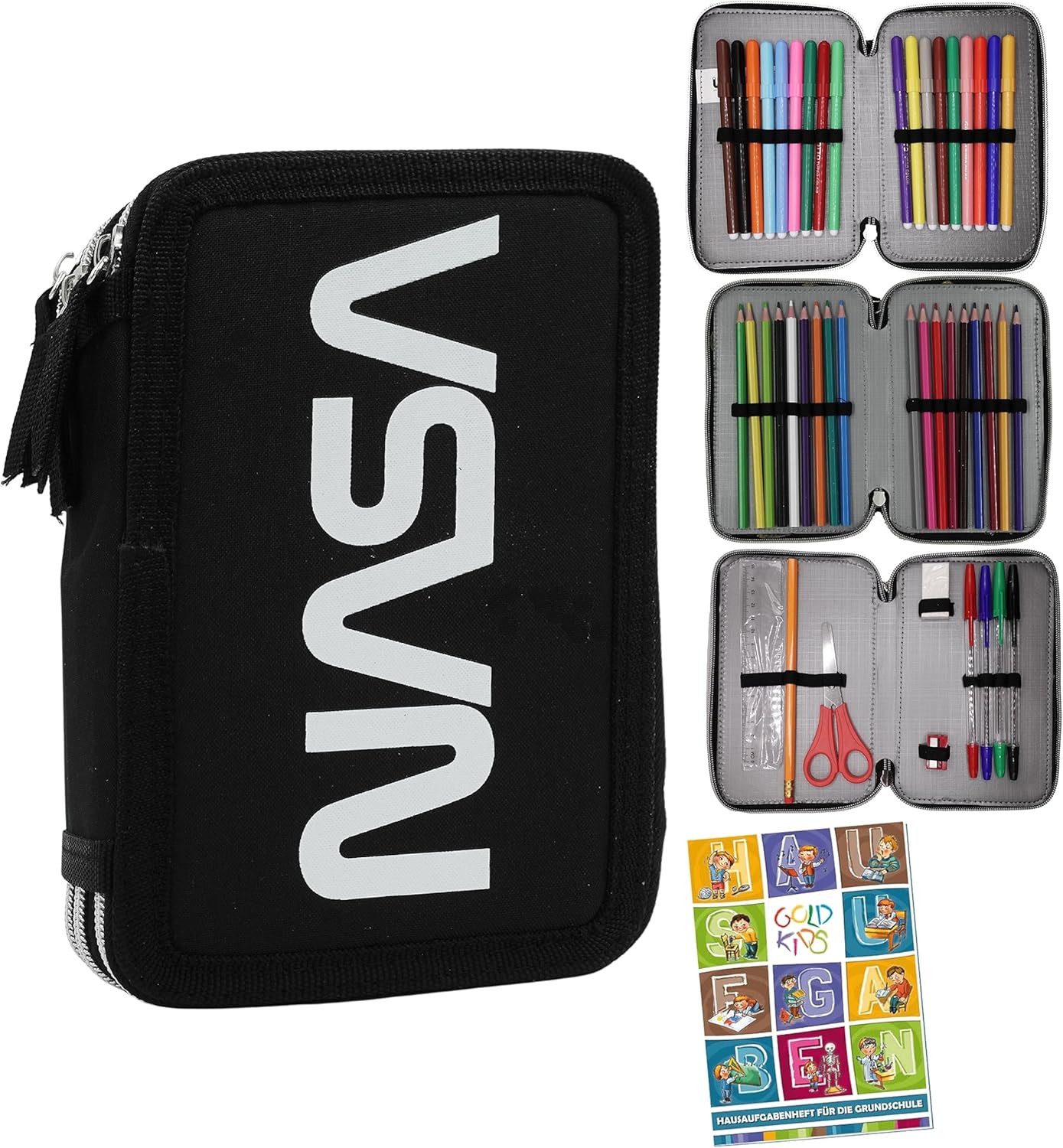 GOLDKIDS Federmäppchen NASA Federmappe Federtasche XXL, (Schüleretui Federtasche Federpenal, 1-tlg., Schulmäppchen schwarz 3 Fächer), 45-teilig gefüllt inkl Hausaufgabenheft