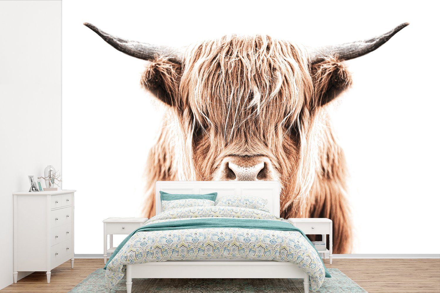 MuchoWow Fototapete Schottischer Highlander - Kuh - Stier, Matt, bedruckt, (6 St), Wallpaper für Wohnzimmer, Schlafzimmer, Kinderzimmer, Vinyl Tapete