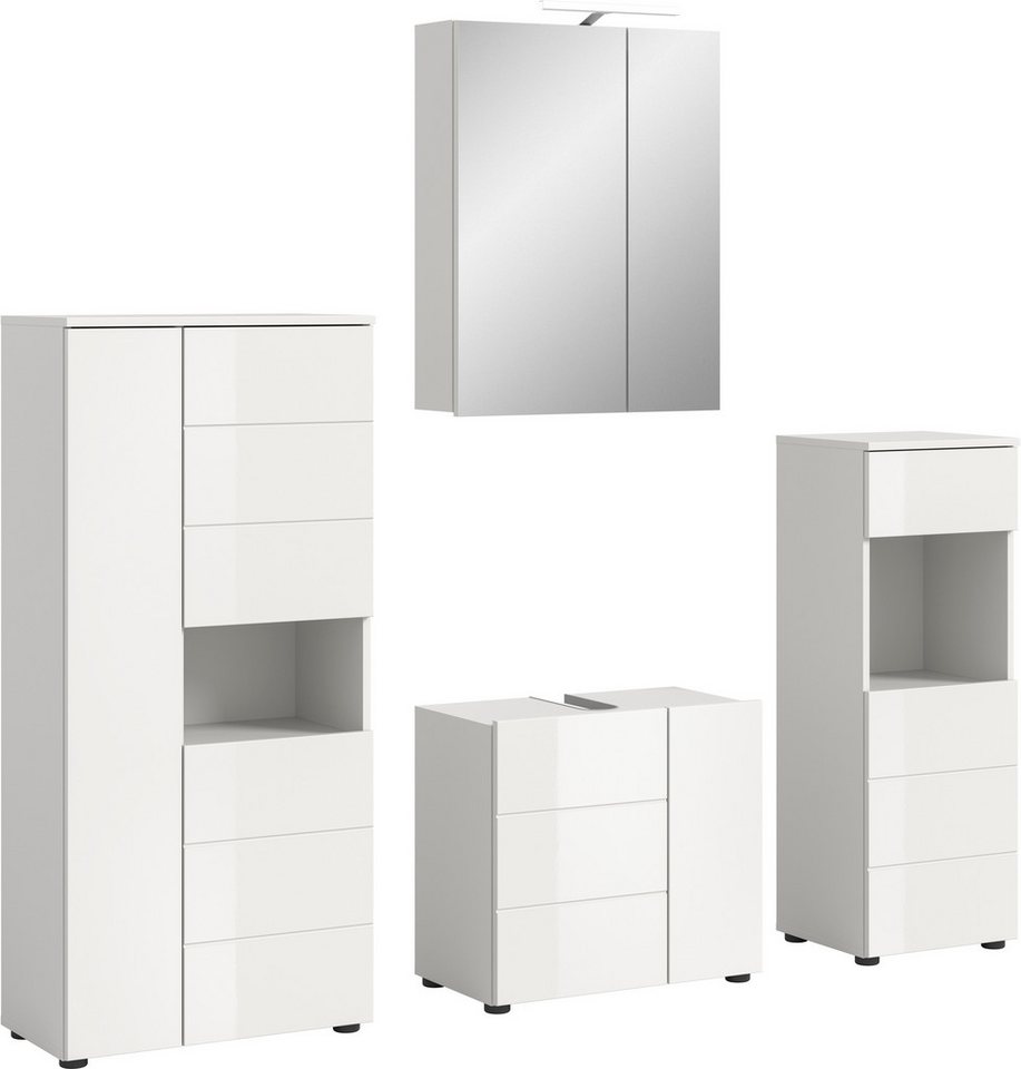 welltime Badmöbel-Set BIEL, Höhe 190 cm,Hochschrank,WBU, Spiegelschrank, Unterschrank, Lampe, (5-St), Bad Set, modernes Design, …