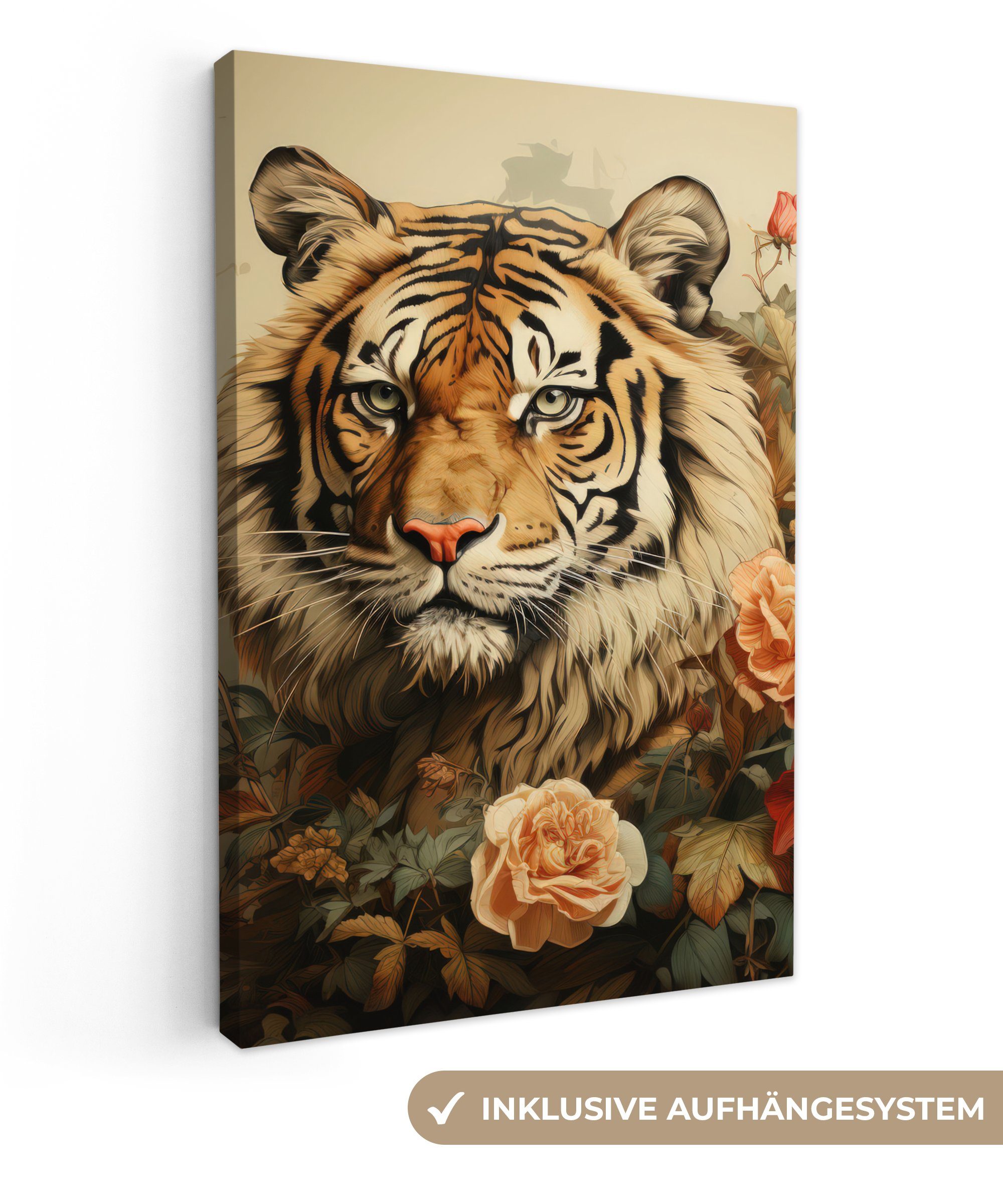 OneMillionCanvasses® Leinwandbild Vintage - Tiger - Blumen - Tiere - Weiß, günstig online kaufen