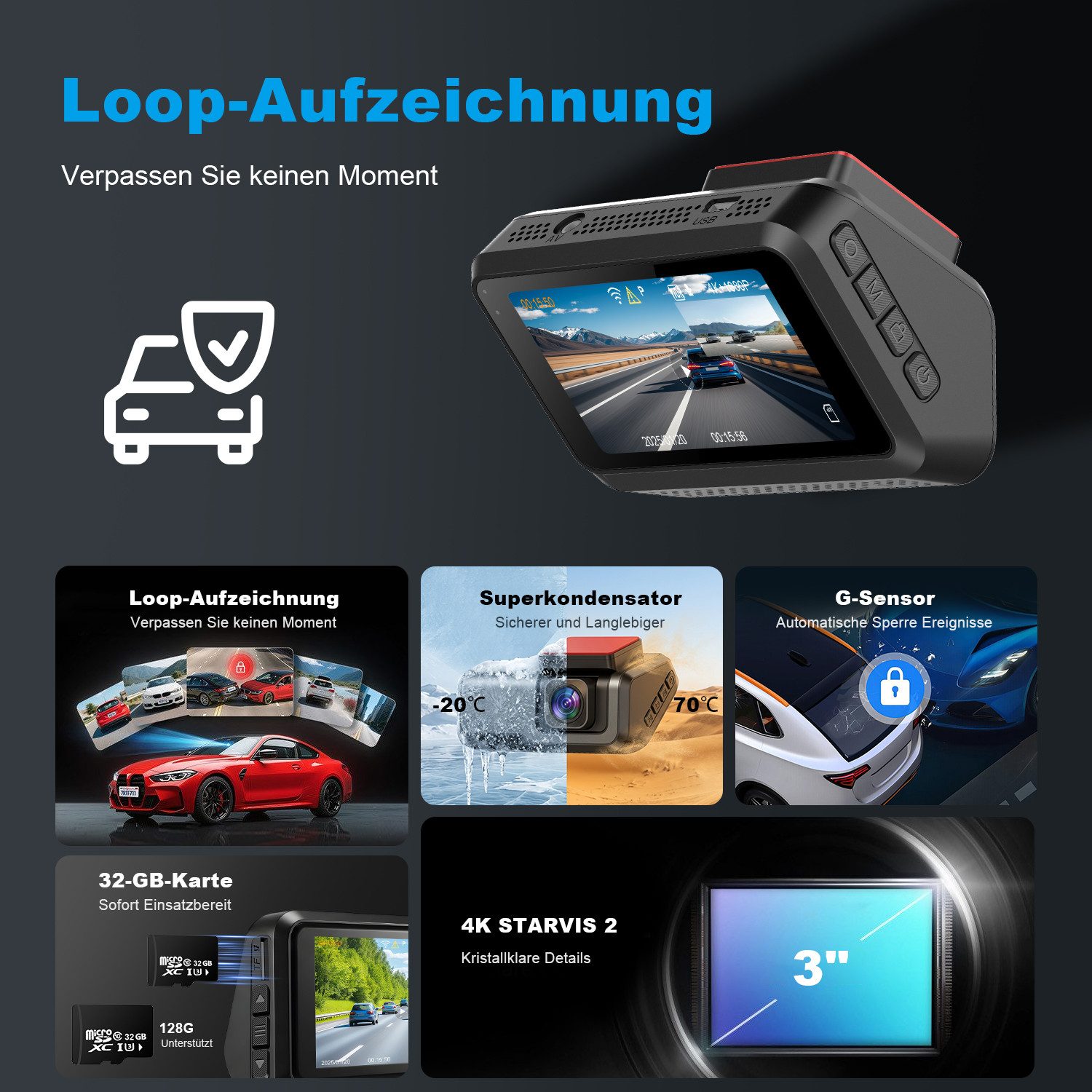 HS Onsing Dashcam Auto 4K 1080P 2-Kanal 170° Weitwinkel mit 32GB TF-Karte WDR Dashcam (4K Ultra HD, 3'' IPS-Bildschirm, mit Nachtsicht, G-Sensor, Loop-Aufnahme  – Bild 5 von 5