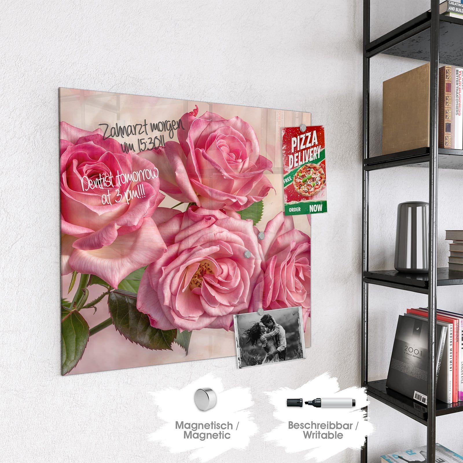 Primedeco Magnettafel Glas Rosenblütenpracht Pinnwand Whiteboard beschreibbar, (Inklusive Stift, Magnete und Montagematerial, 1-tlg., 9 verschiedene Größen), Magnetisch und Beschreibbar