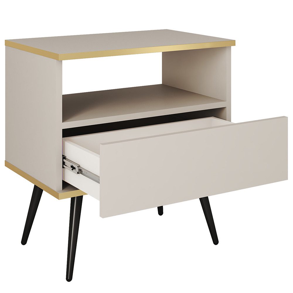 Lomadox Nachtschrank OLOVO-160 Beige, goldfarbenen Details, Schublade, Metallbeine in Schwarz