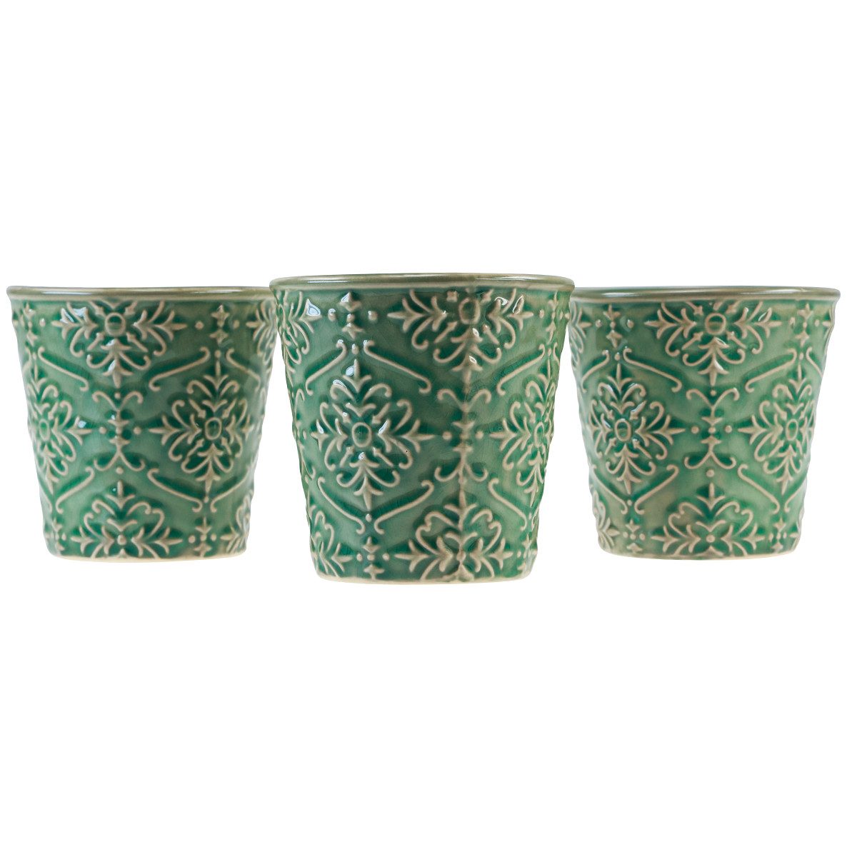Übertopf Keramik Übertopf Craquelé Glasur Grün Ø11cm H11cm 3er Set Blumen Deko