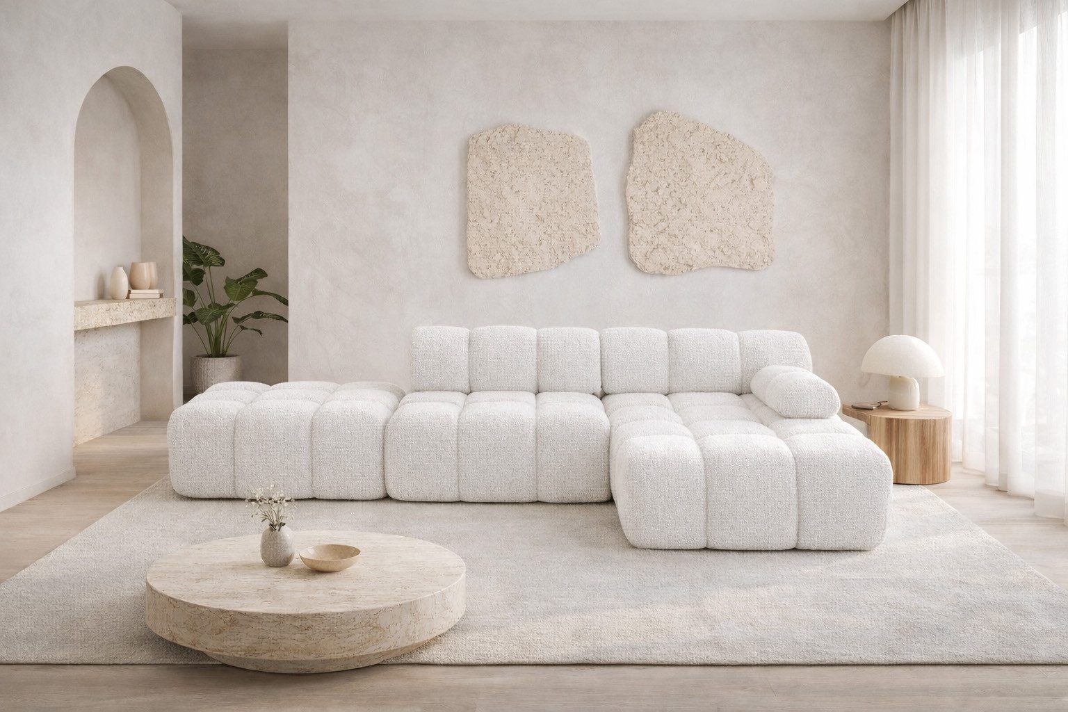 Kaiser Möbel Ecksofa modular mit Hocker, Sofa L-Form, Bouclé-Stoff Abriamo, Selia, Ecksofa mit Hocker, Modernes Design,Weiche, abgerundete Form,Hoher Sitzkomfort