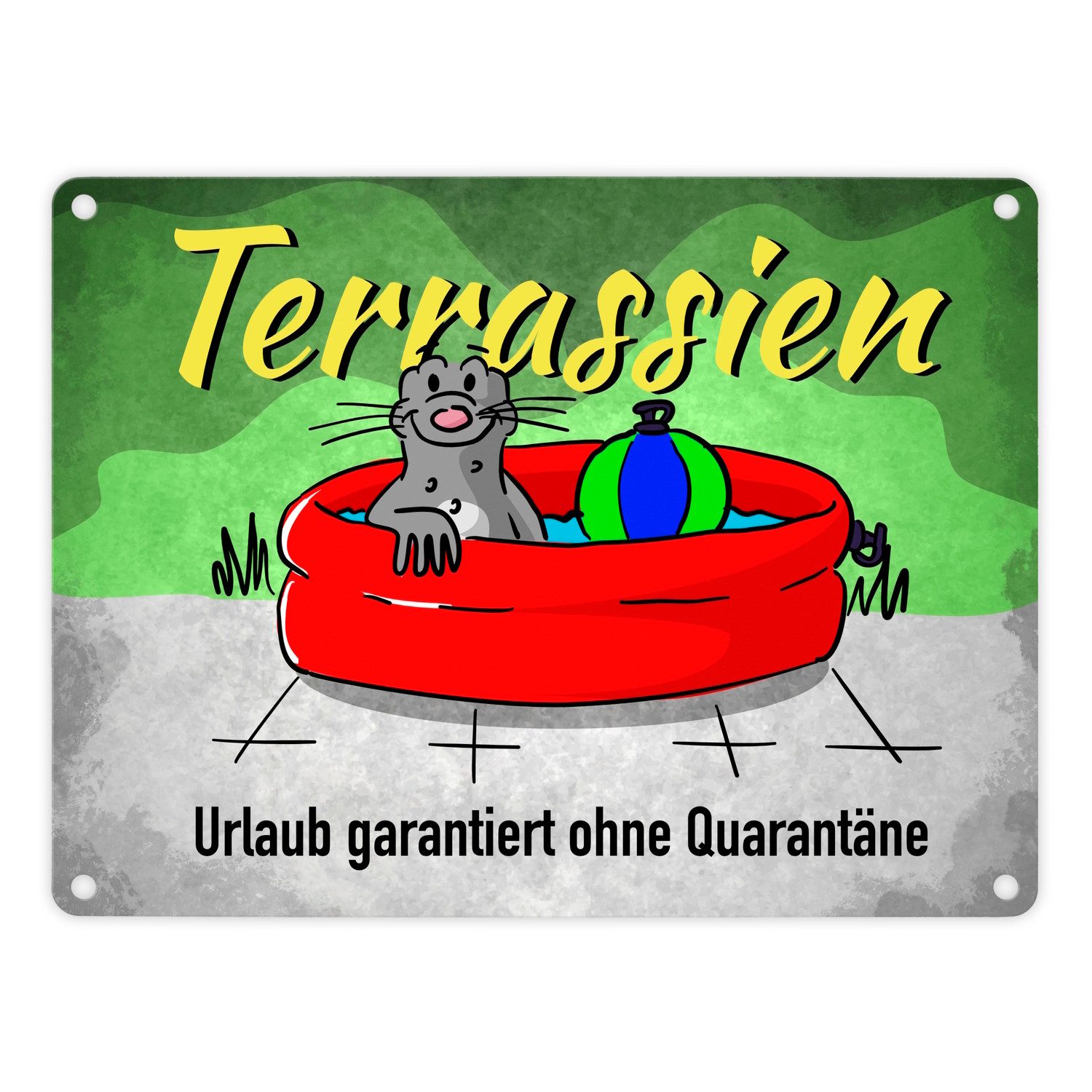 Metallschild Terrassien Metallschild in 15x20 cm mit Seeleopard auf der Terrasse