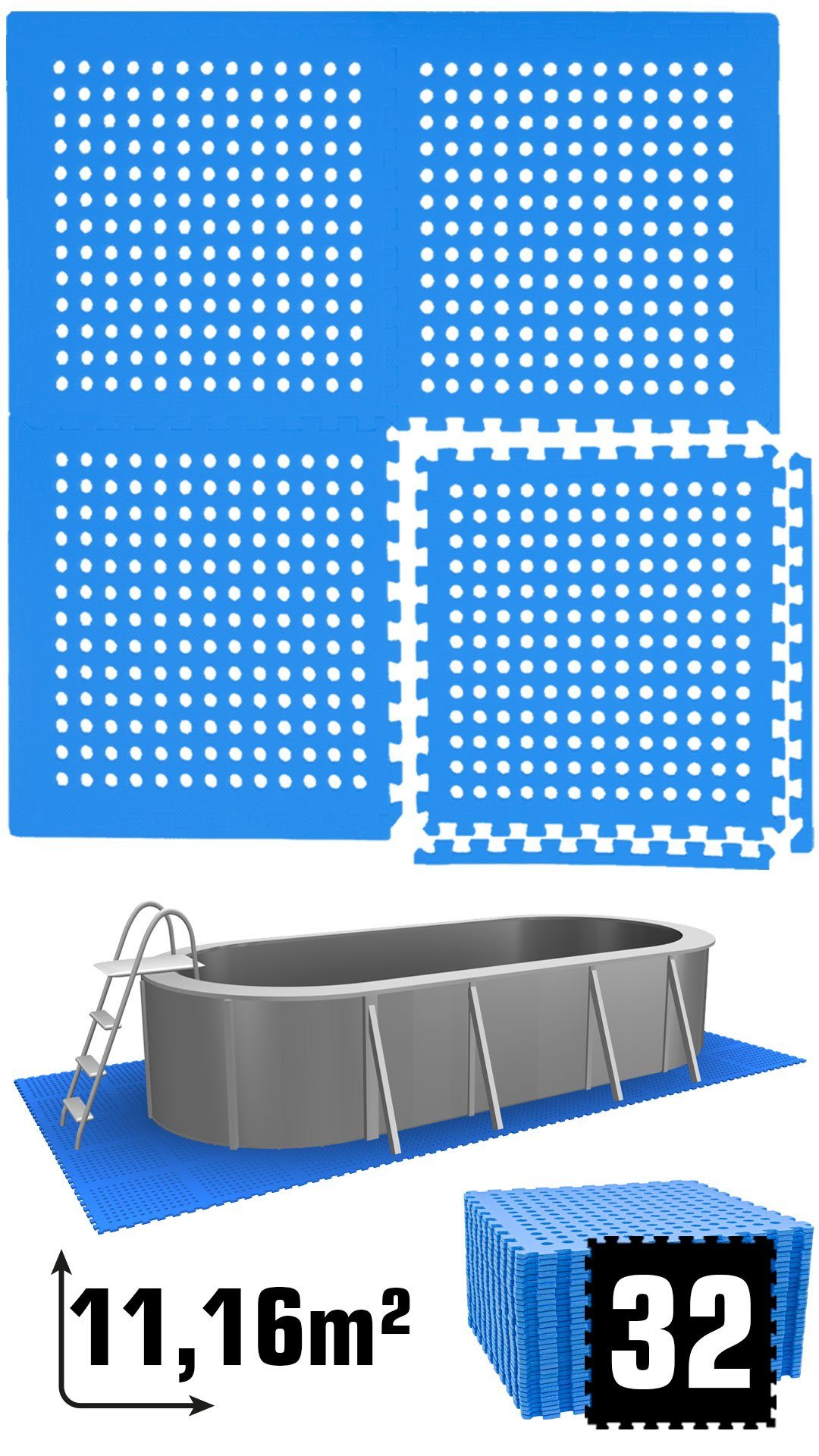 eyepower Pool-Bodenschutzfliese 11,2 m² Poolmatte aus 32 großen EVA Matten - Rutschfeste Poolunterlage, 1 cm dicke Bodenfliesen - 62 x 62 Unterlegmatten - Whirlpool Unterlage