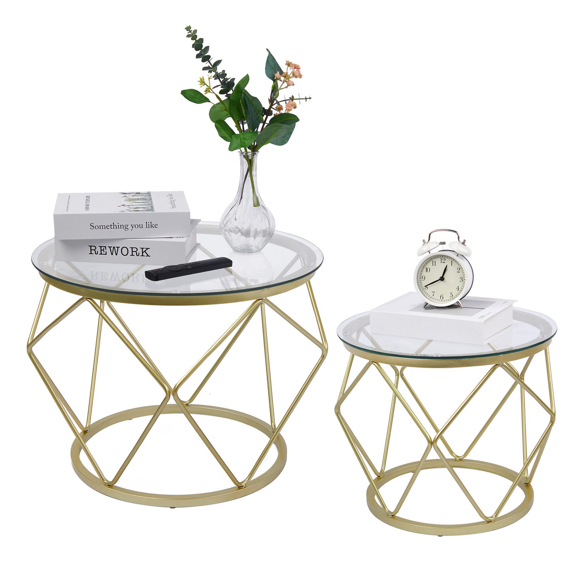 HZUANERI Couchtisch Beistelltische mit Metallrahmen für Wohnzimmer/Schlafzimmer/Büro, Gold (2-St), Verbessertes gehärtetes Glas, Schützende Fußpads 50 x 40/40 x 36 cm