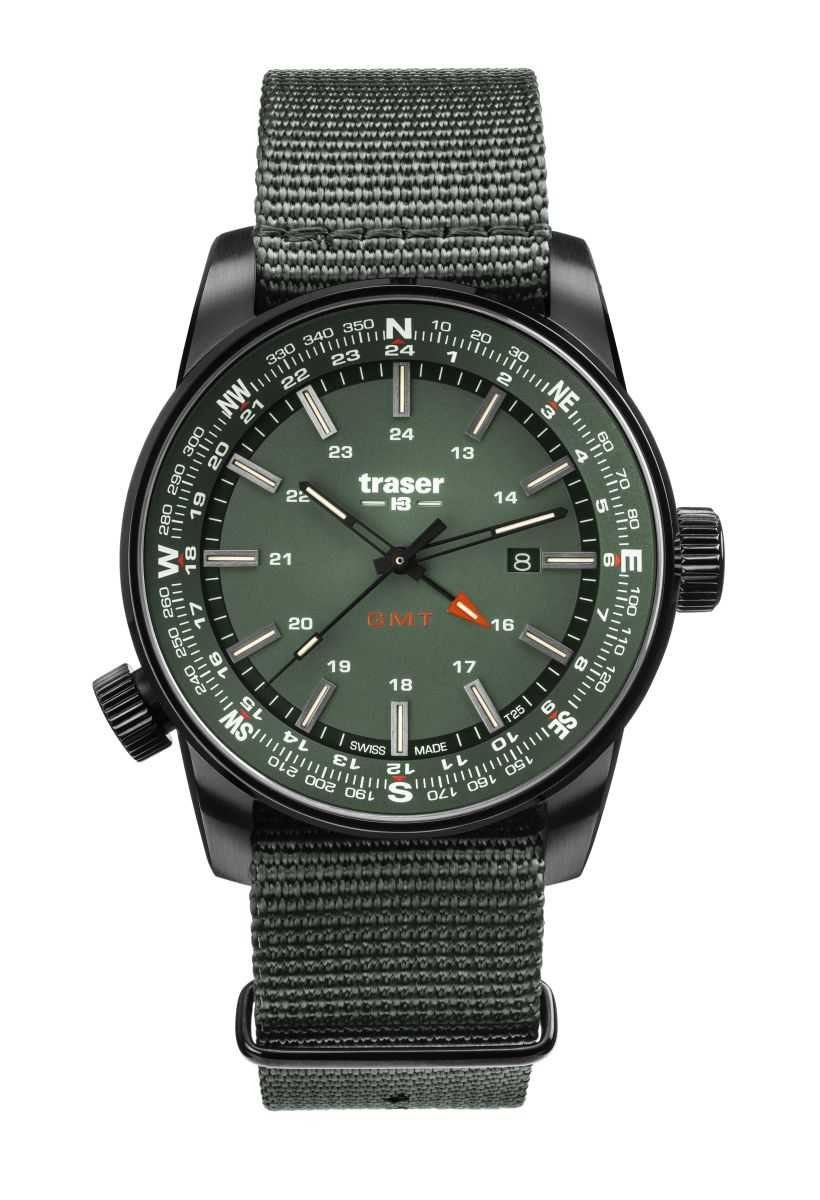 Traser Quarzuhr P68 Pathfinder GMT Herrenuhr Grün 109035 Natoband 46 mm, mit trigalight® Selbstleucht-Technologie