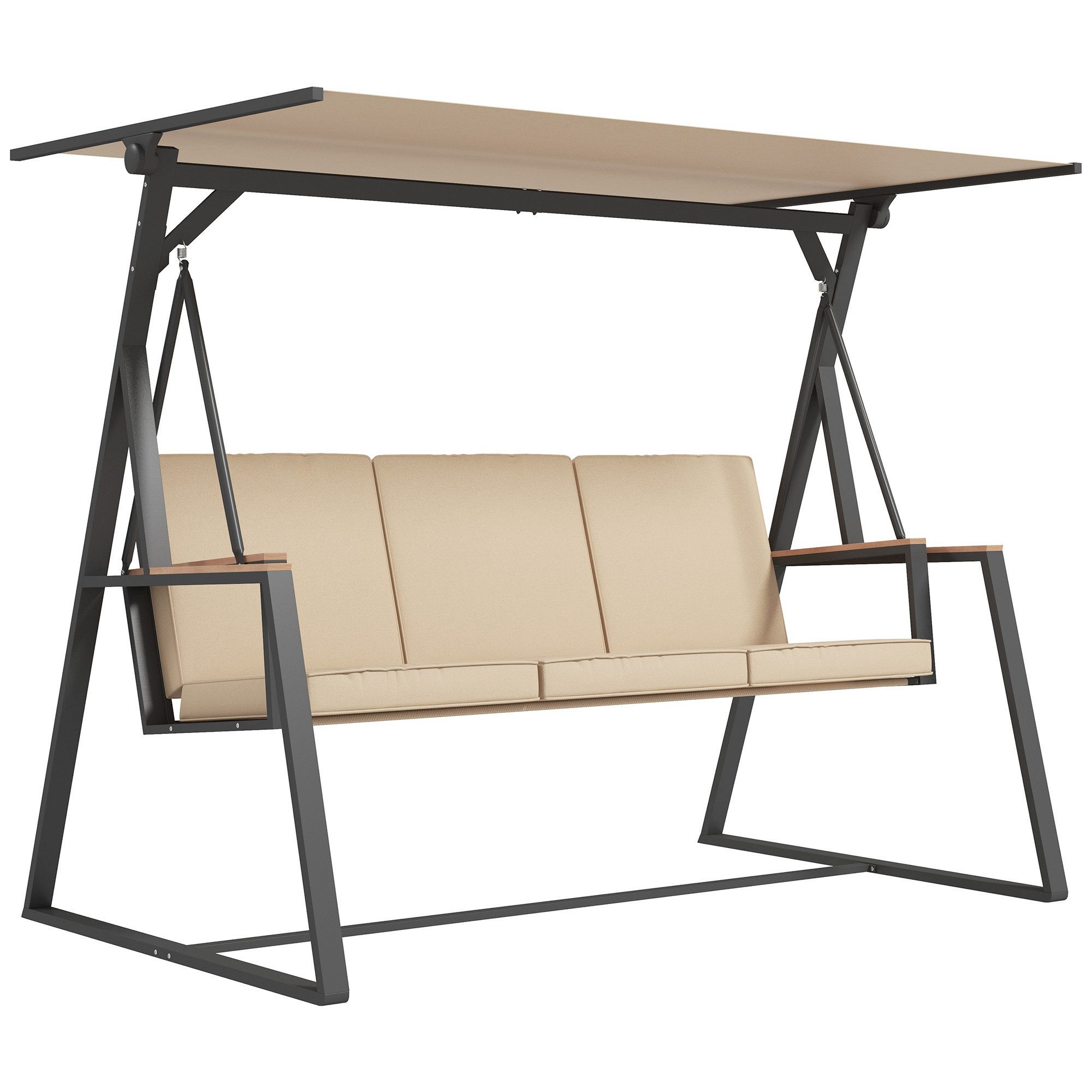 Outsunny Hollywoodschaukel Schaukelbank mit Kissen, Verstellbarem Dach, 3-Sitzer, Verstellbares Dach, Schaukel, 1 tlg., Gartenschaukel, für Garten, Balkon, Khaki