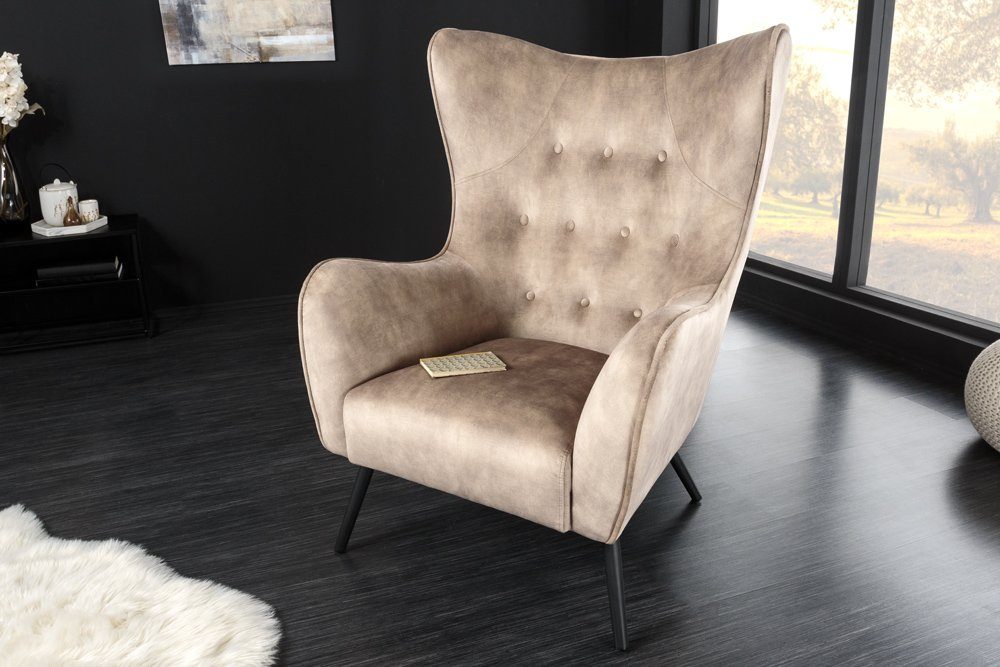 riess-ambiente Ohrensessel AMSTERDAM champagner / schwarz (Einzelartikel, 1-St), Wohnzimmer · Samt · Metall · XL · Relax · Schlafzimmer · Retro Design