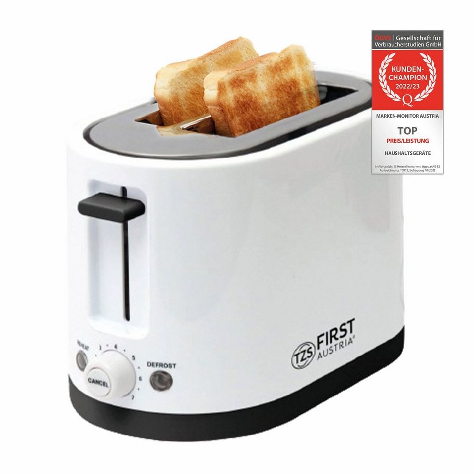 TZS FIRST AUSTRIA Toaster Doppel Kurzschlitz Toaster, 2 Scheiben, weiß,  750W, 7 Stufen, für 2 Scheiben, Warmhalte- und Auftaufunktion, inkl.  Krümelschale