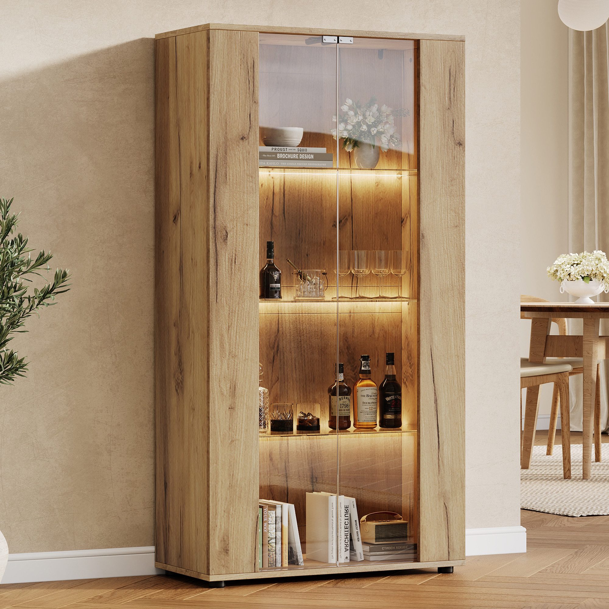 STILVORA Highboard Vitrine mit 2 Glastüren Hochschrank mit LED-Beleuchtung (Aufbewahrungsschrank mit Vitrinenfächern, 4 Ablagen, 2 transparente Fronten, verstellbares Licht, modernes Design), für Wohnzimmer, Flur und Schlafzimmer