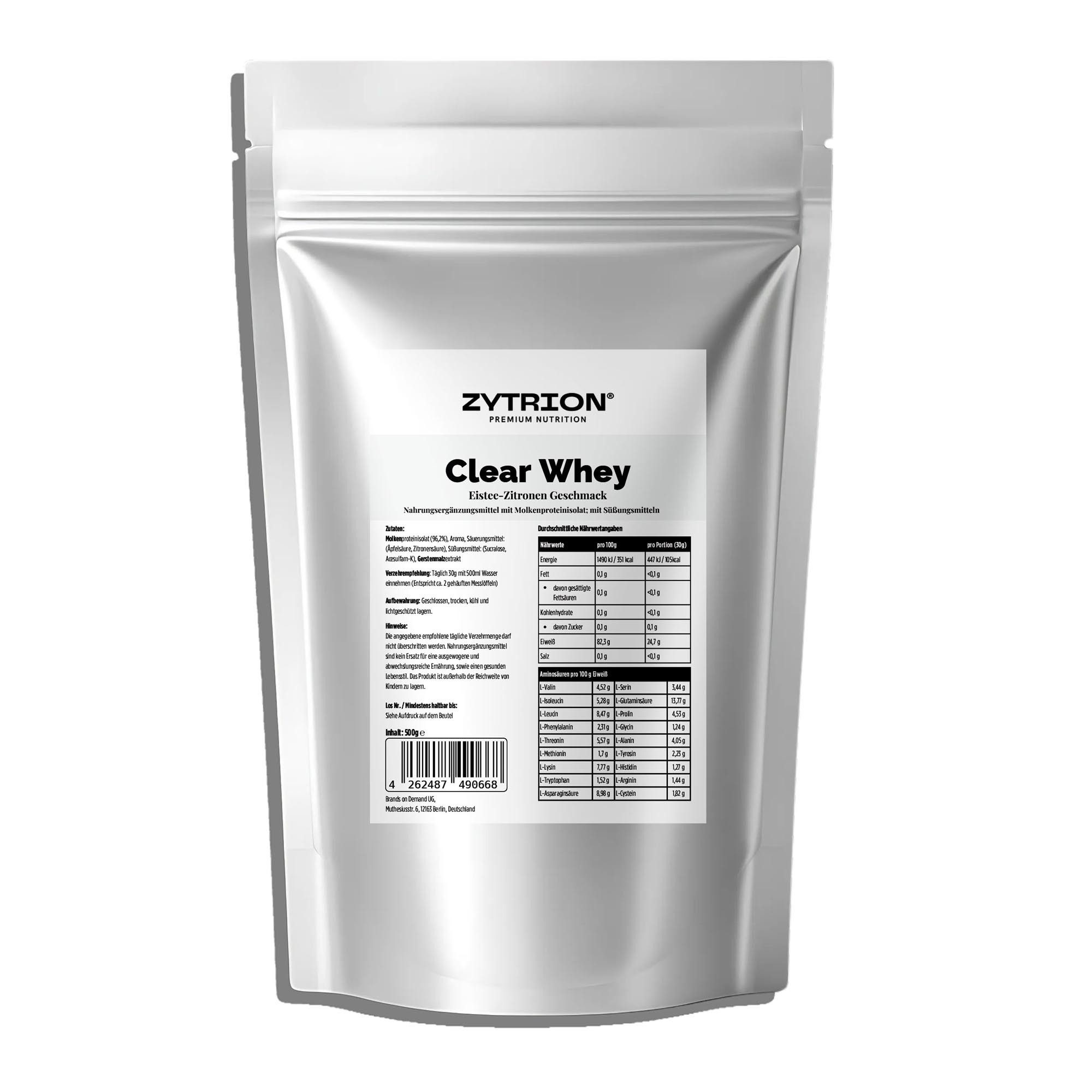 ZYTRION Clear Whey Protein 500 g – Eistee Zitrone Geschmack, gut lösliches Pulver, 500 g, Eiweißhaltig für Getränke oder Speisen