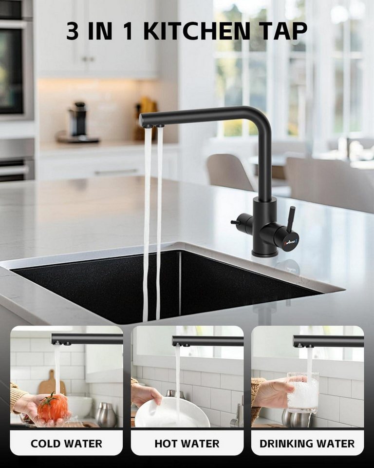 Thumbnail - LuxusKollektion Küchenarmatur 3 Wege Wasserhahn Schwarz 360° Drehbar Mischbatterie für Wasserfilter