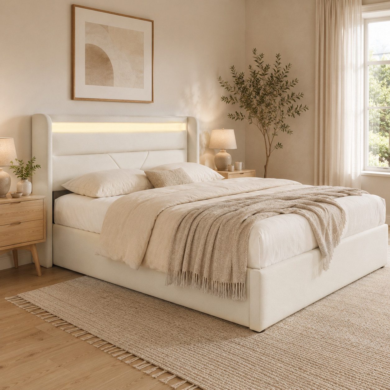 OKWISH Polsterbett Bett 140x200 cm mit LED-Beleuchtung & großem Stauraum (1-tlg., mit praktischem Nutzen, Pflegeleicht und staubgeschützt für ein sauberes Ambiente