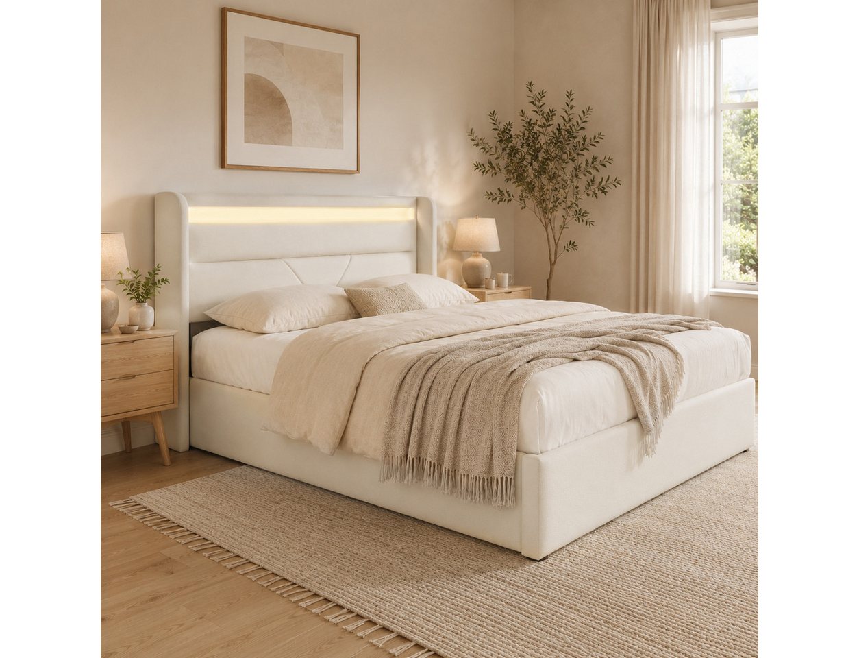 OKWISH Polsterbett Bett 140x200 cm mit LED-Beleuchtung & großem Stauraum (1-tlg., mit praktischem Nutzen, Pflegeleicht und staubgeschützt für ein sauberes Ambiente