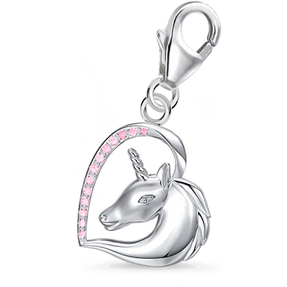 Goldene Hufeisen Charm Herz Pferd Herz Einhorn Karabiner Charm Anhänger 925 Silber mit Zirkonia, Rhodiniert Rosa