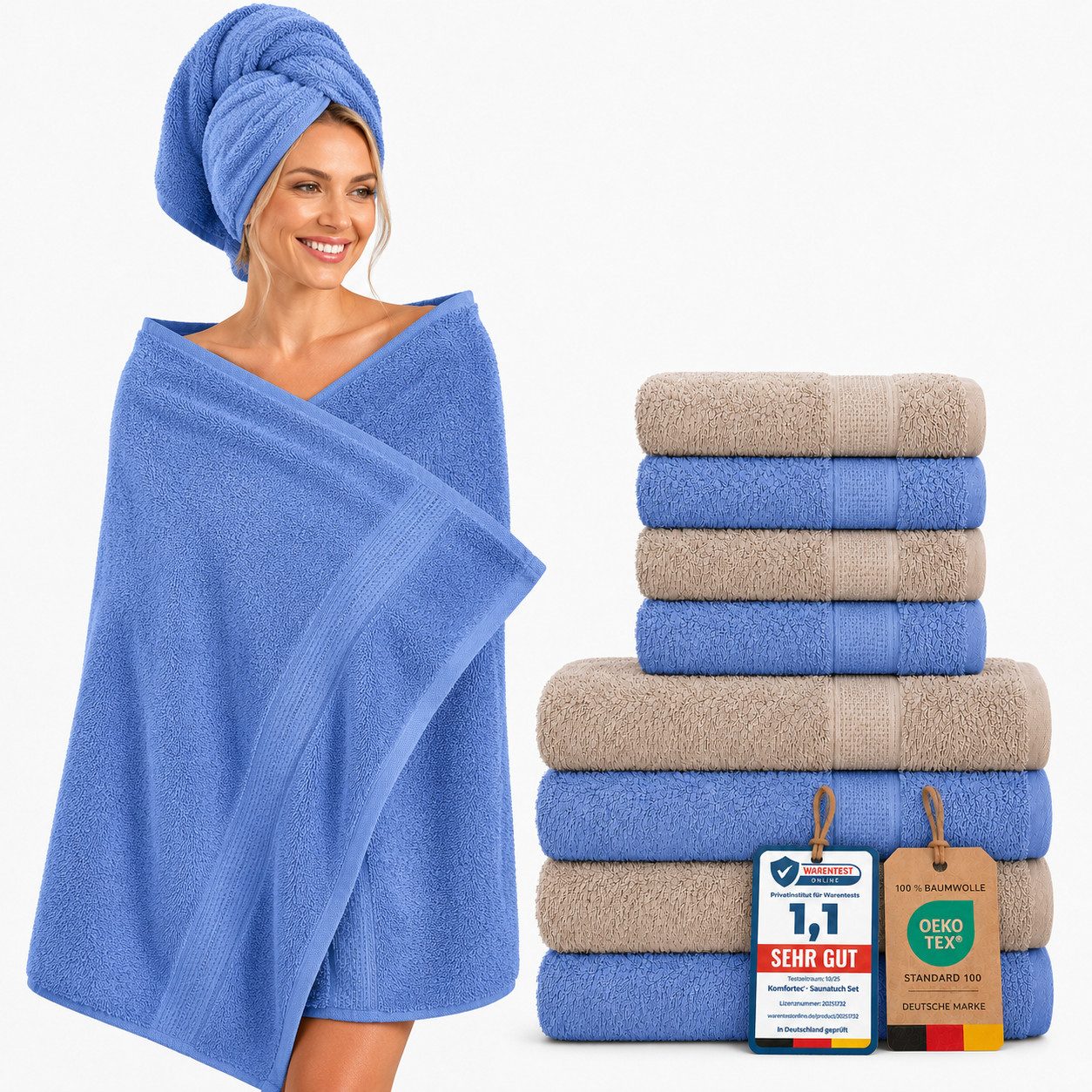 Komfortec Handtuch Set Premium 8x Handtuch & Badetuch Set - 4er 50x100 + 4er 70x140 cm, Frottee (8-St), 100% Baumwolle, Weich, 470 g/m2