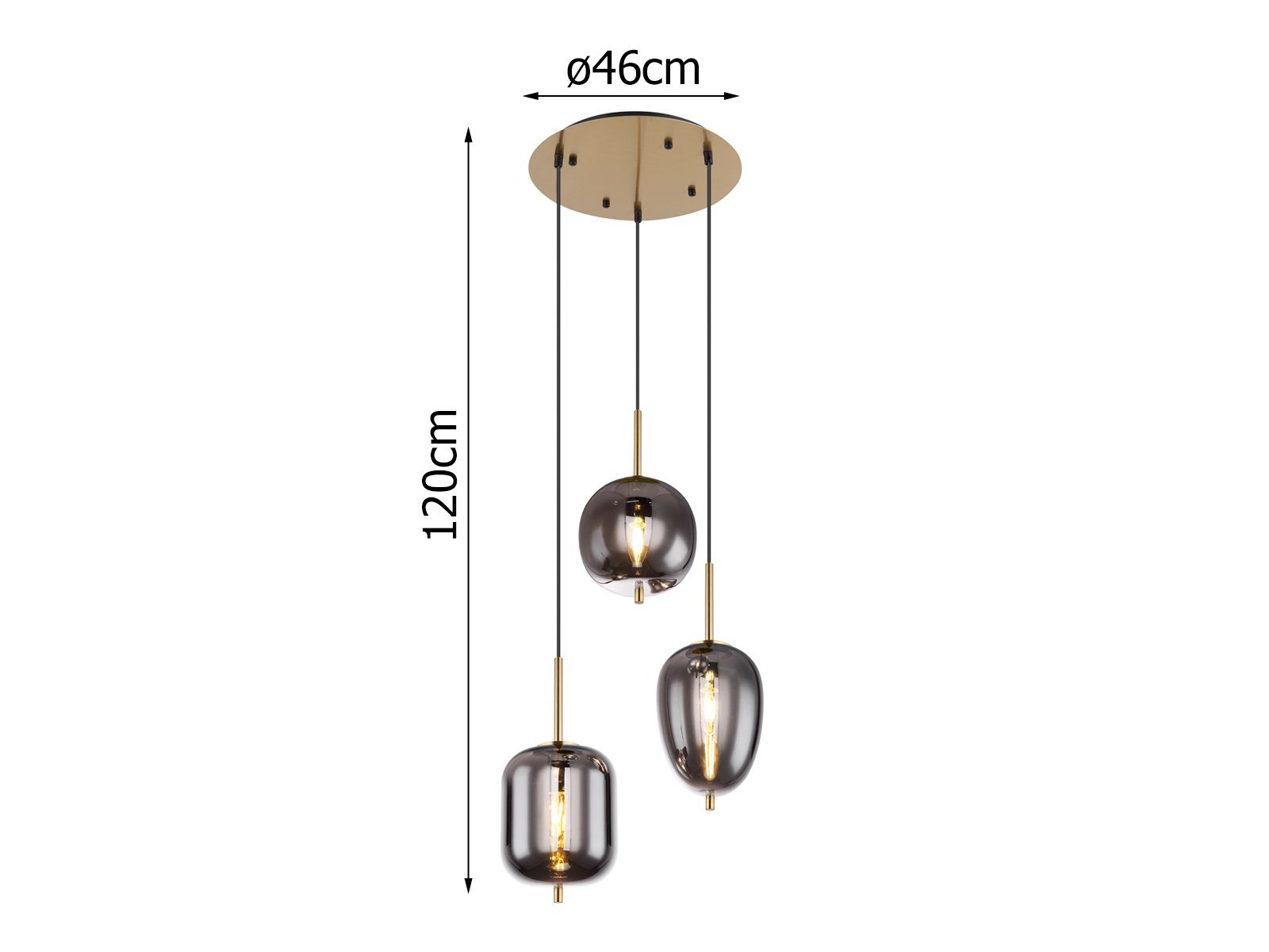 stufenweise Treppenhaus, Rauchglas Leuchtmittel meineWunschleuchte dimmbar, hängend Pendelleuchte, über Ø46cm dreiflammig gold schwarz Glas-kugel warmweiß, LED Cluster Wandschalter LED wechselbar, im