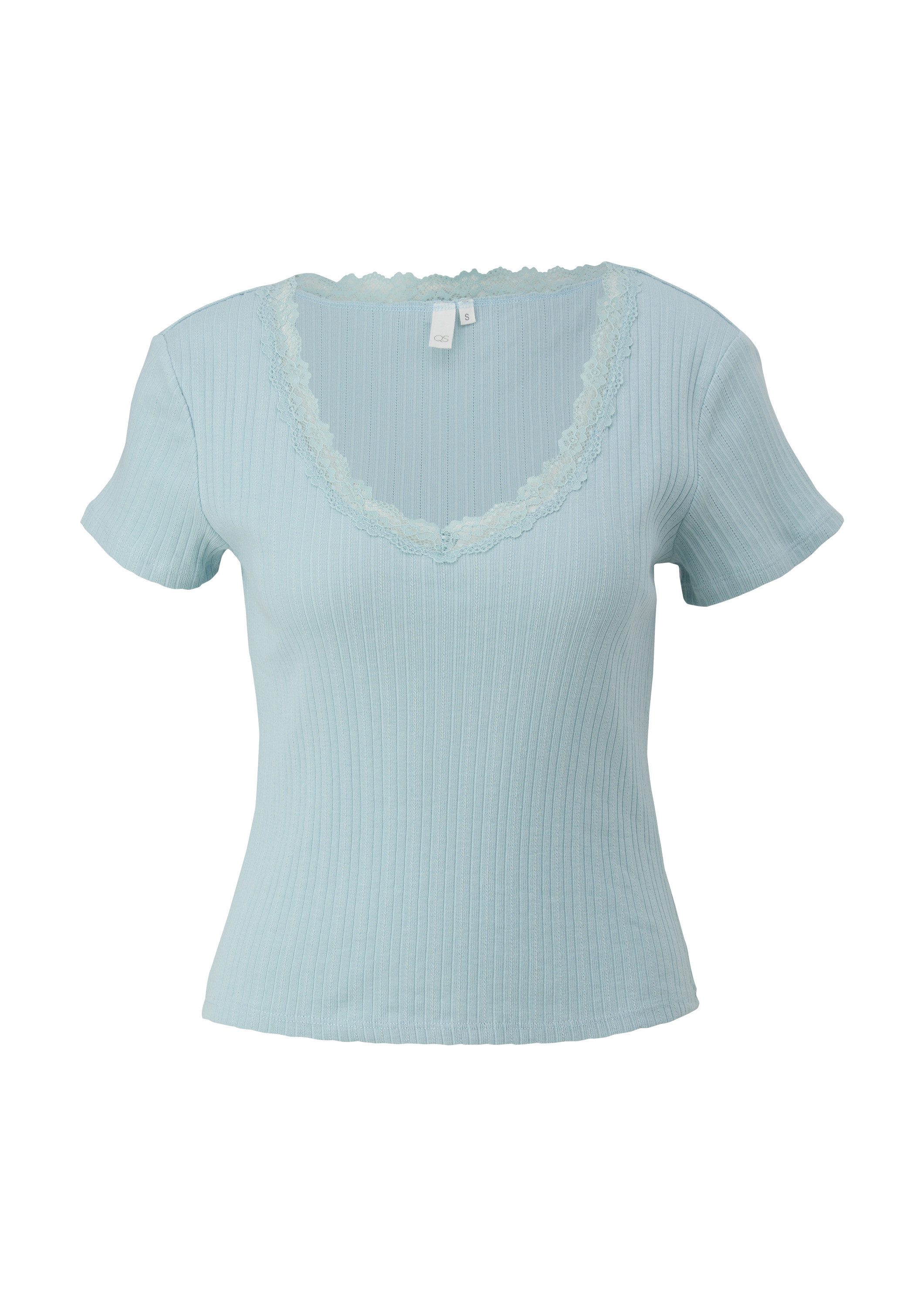 QS Kurzarmshirt T-Shirt Geripptes T-Shirt mit Spitzen-Details günstig online kaufen