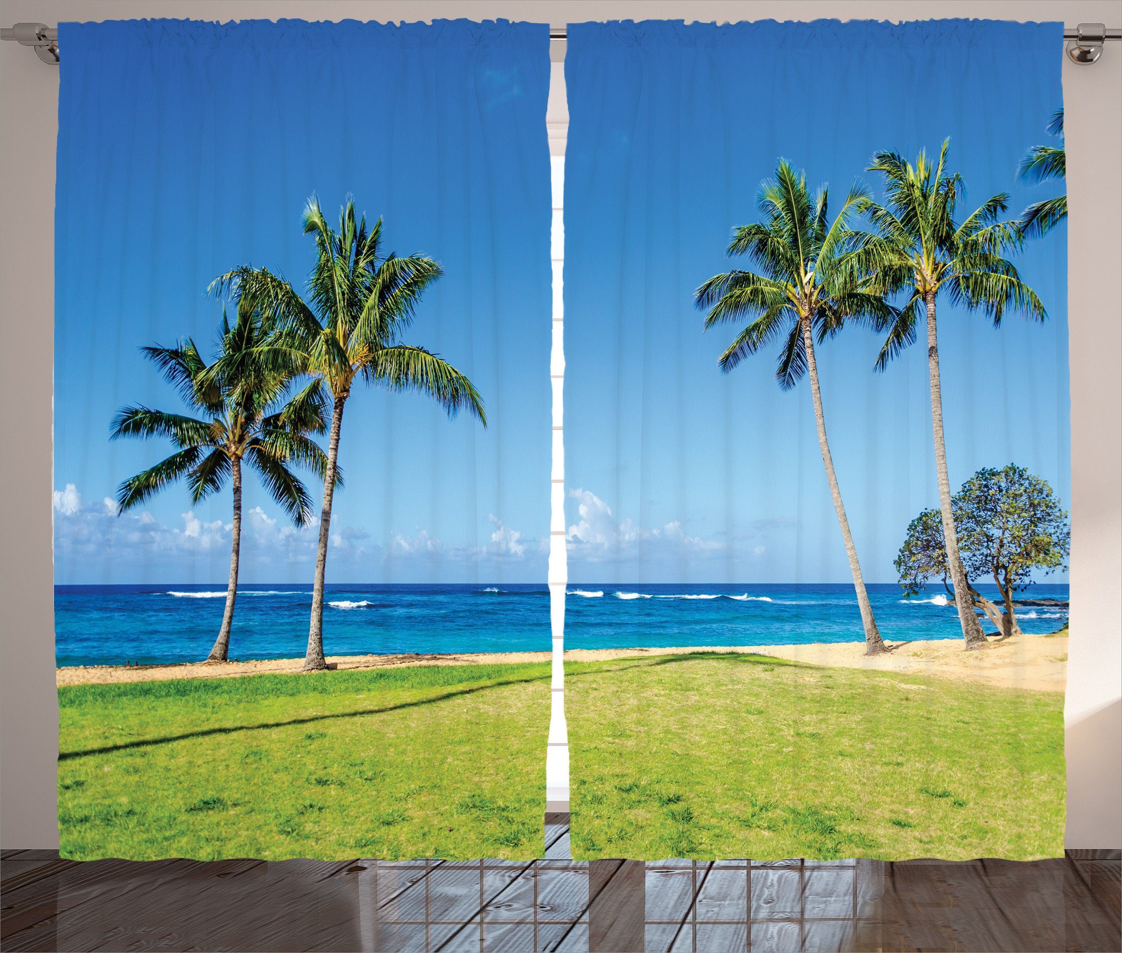 Gardine Schlafzimmer Kräuselband Vorhang mit Schlaufen und Haken, Abakuhaus, Tropisch Kokosnuss-Palme Hawaii | Fertiggardinen