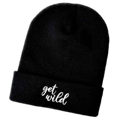 Schnoschi Strickmütze Wintermütze get wild (Long Beanie) bestickt Spruch Streetwear Unisex mit breitem Umschlag und Stickerei