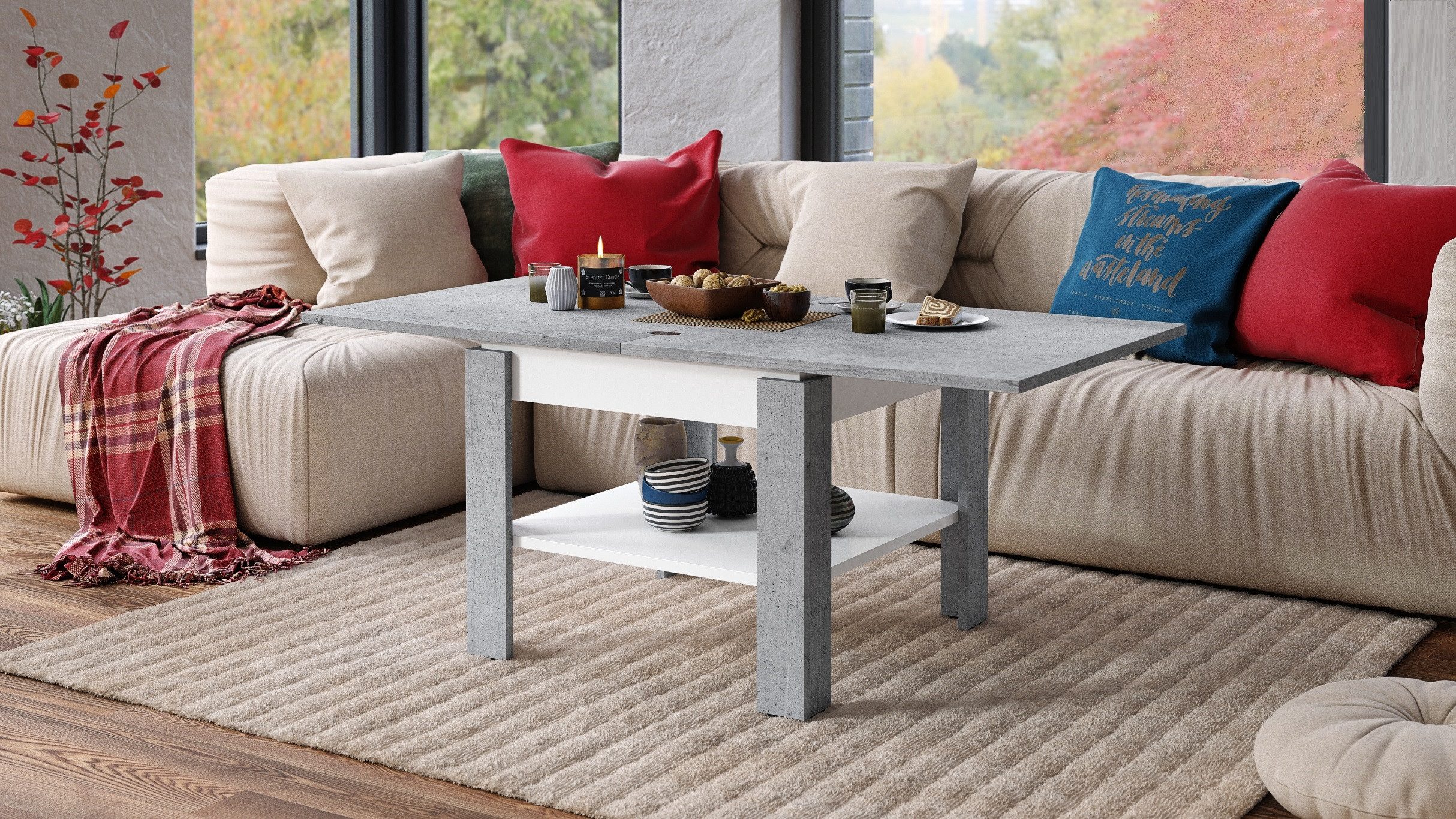 Mazzoni Couchtisch Design Tisch Leo Beton - Weiß matt aufklappbar 65 - 130cm Esstisch