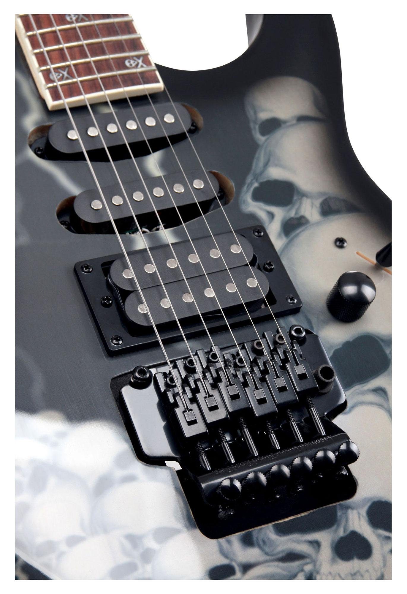 Rocktile E-Gitarre Pro JK150-BSK E-Gitarre Skull, FR-Style Tremolo, 1 Humbucker/2 Single Coil Tonabnehmer