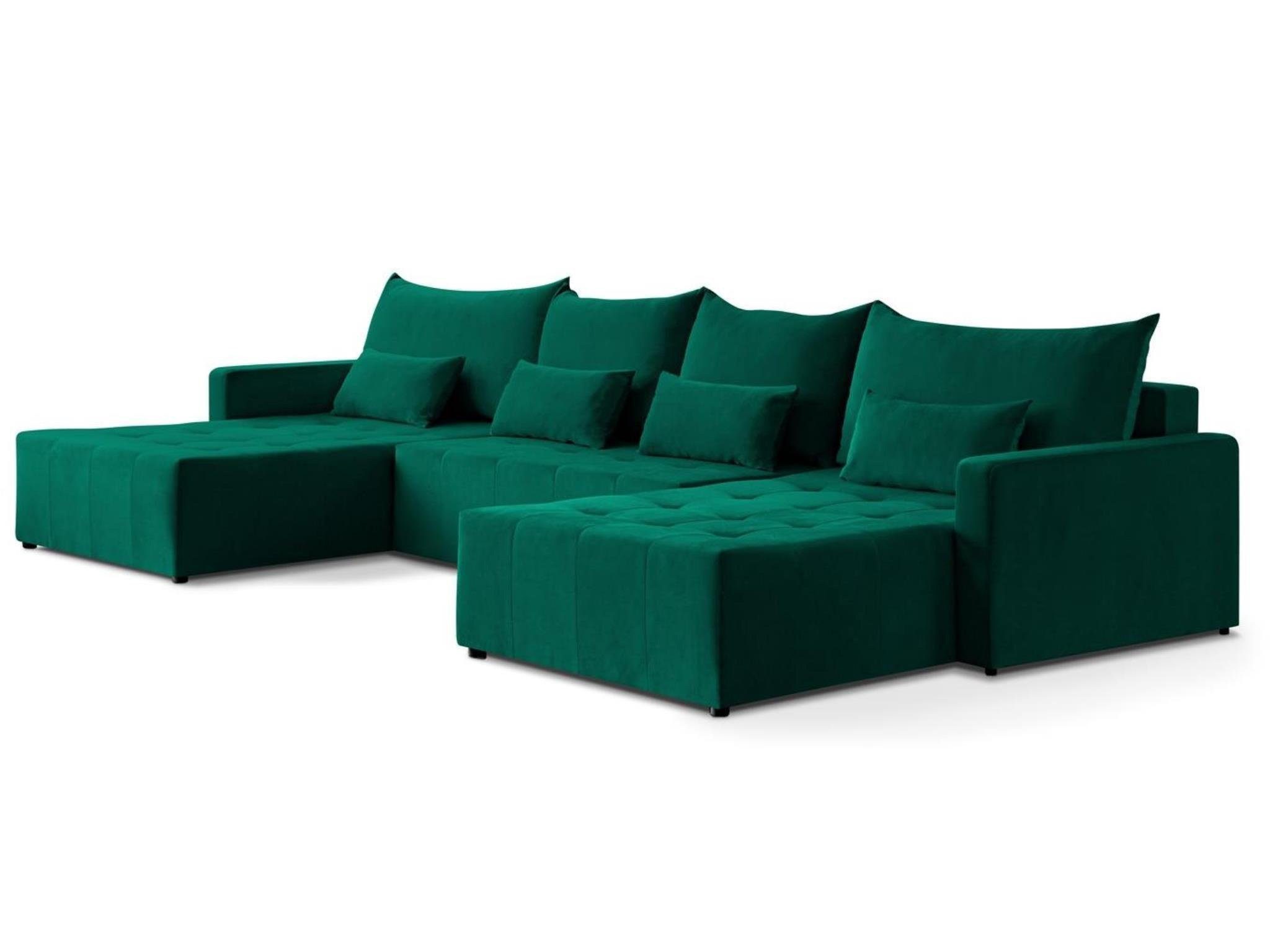 Beautysofa Ecksofa Bono U-Form Sofa mit Schlaffunktion und Bettkasten, modernes Wohnzimmer-Sofa, Samtstoff in Flaschengrün, Liegefläche 130 x 344 cm