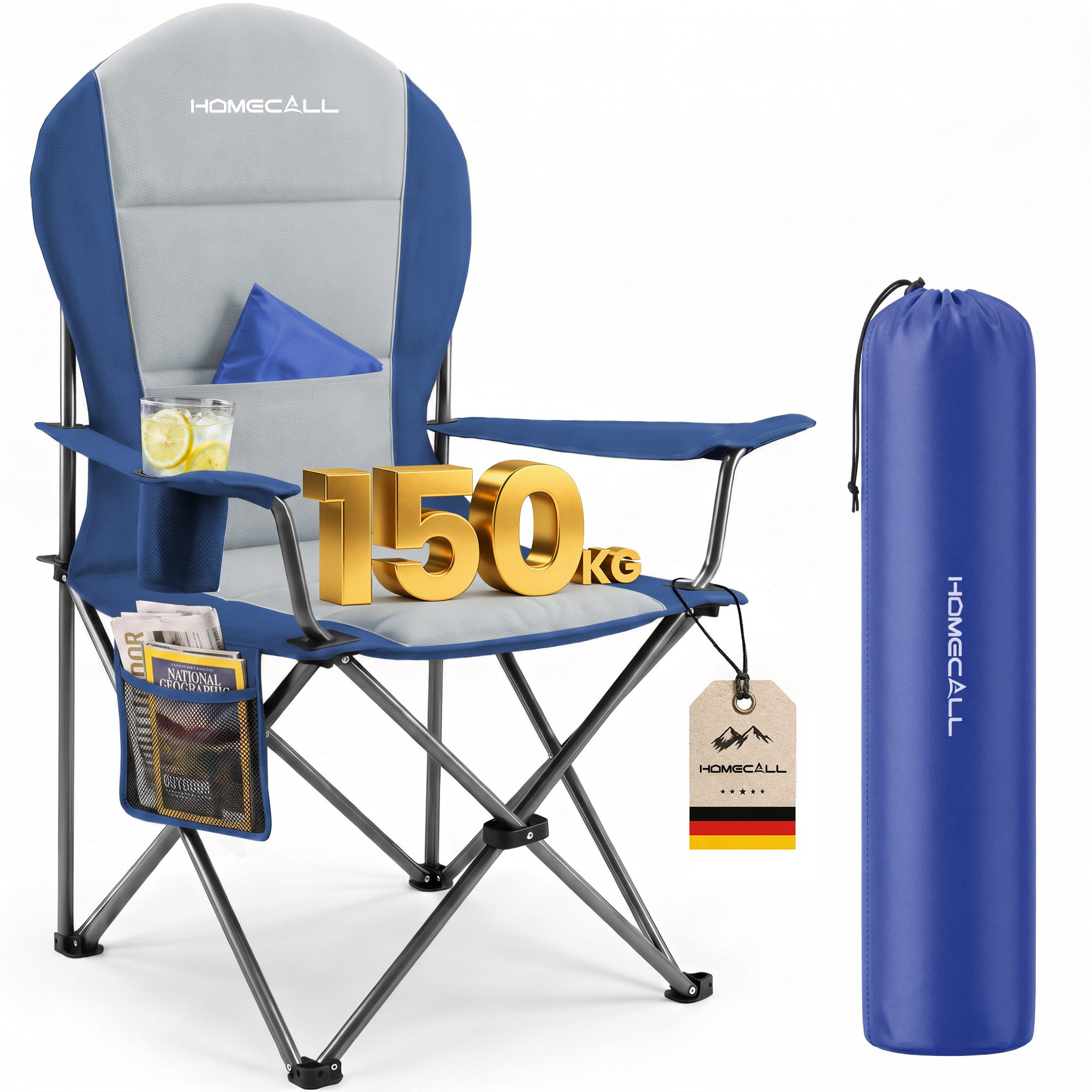 HOMECALL Campingstuhl Hochlehner 110cm mit Lendenwirbelstütze Klappstuhl Angelstuhl Faltbar (Bis 150kg, gepolstert, faltbar, stabil, 1 St), für Camp Garten Balkon
