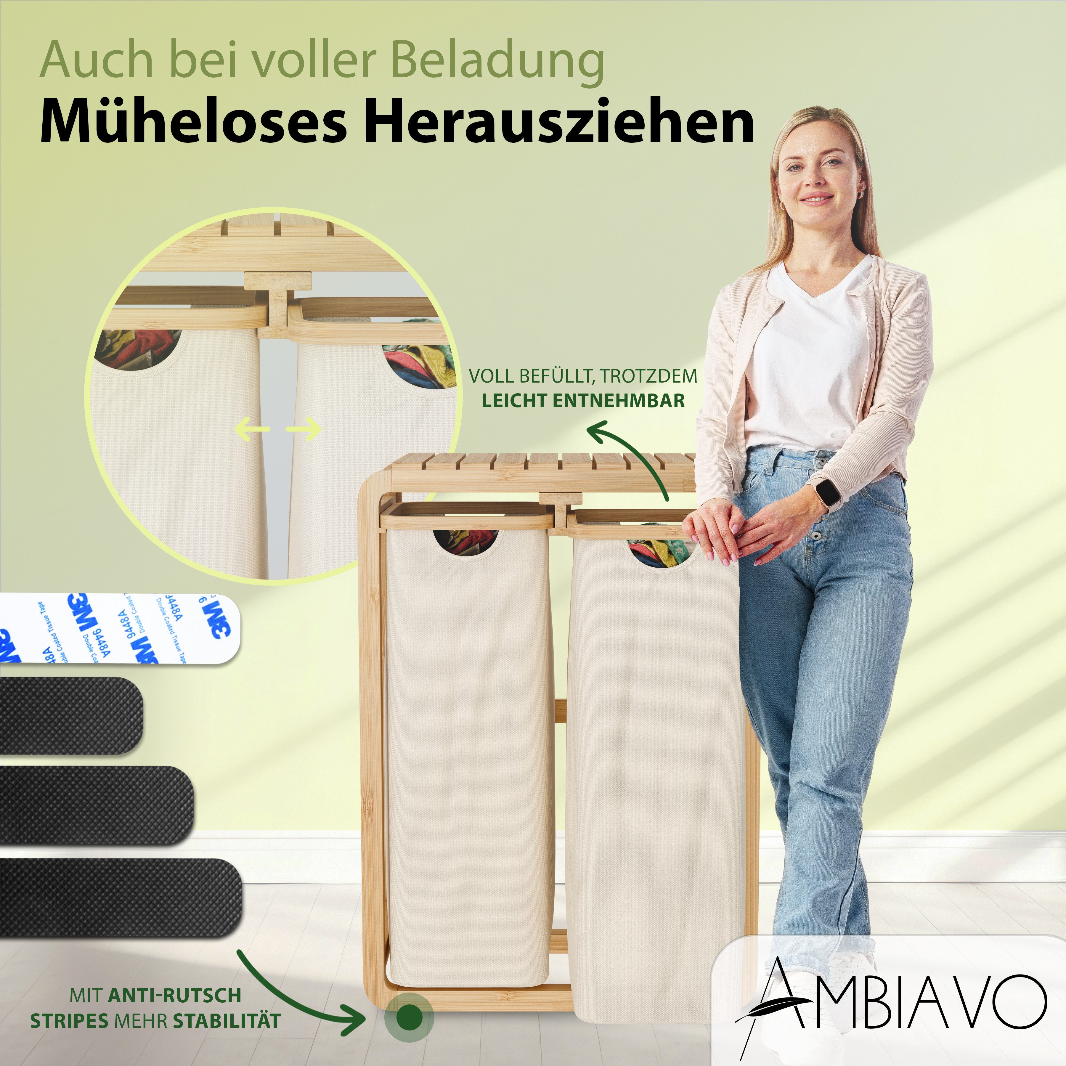 AMBIAVO Wäschekorb 2 Fächer mit waschbaren Baumwollsäcken, 100 L Volumen, stabiler 3x3 cm Bambusrahmen, innovatives Design – Bild 4 von 5