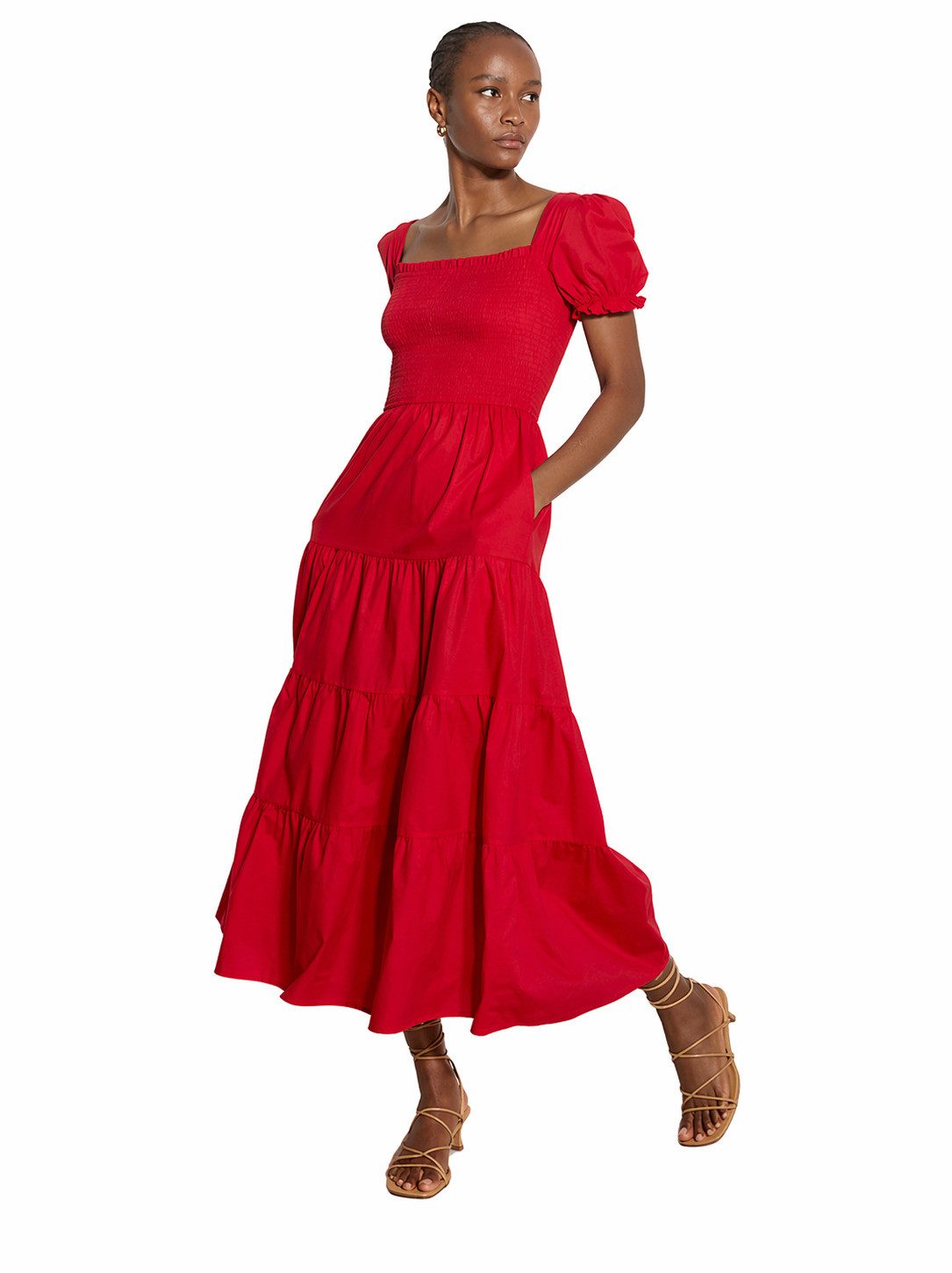 Apricot Druckkleid Midi-Kleid aus Baumwolle mit Stufenrock