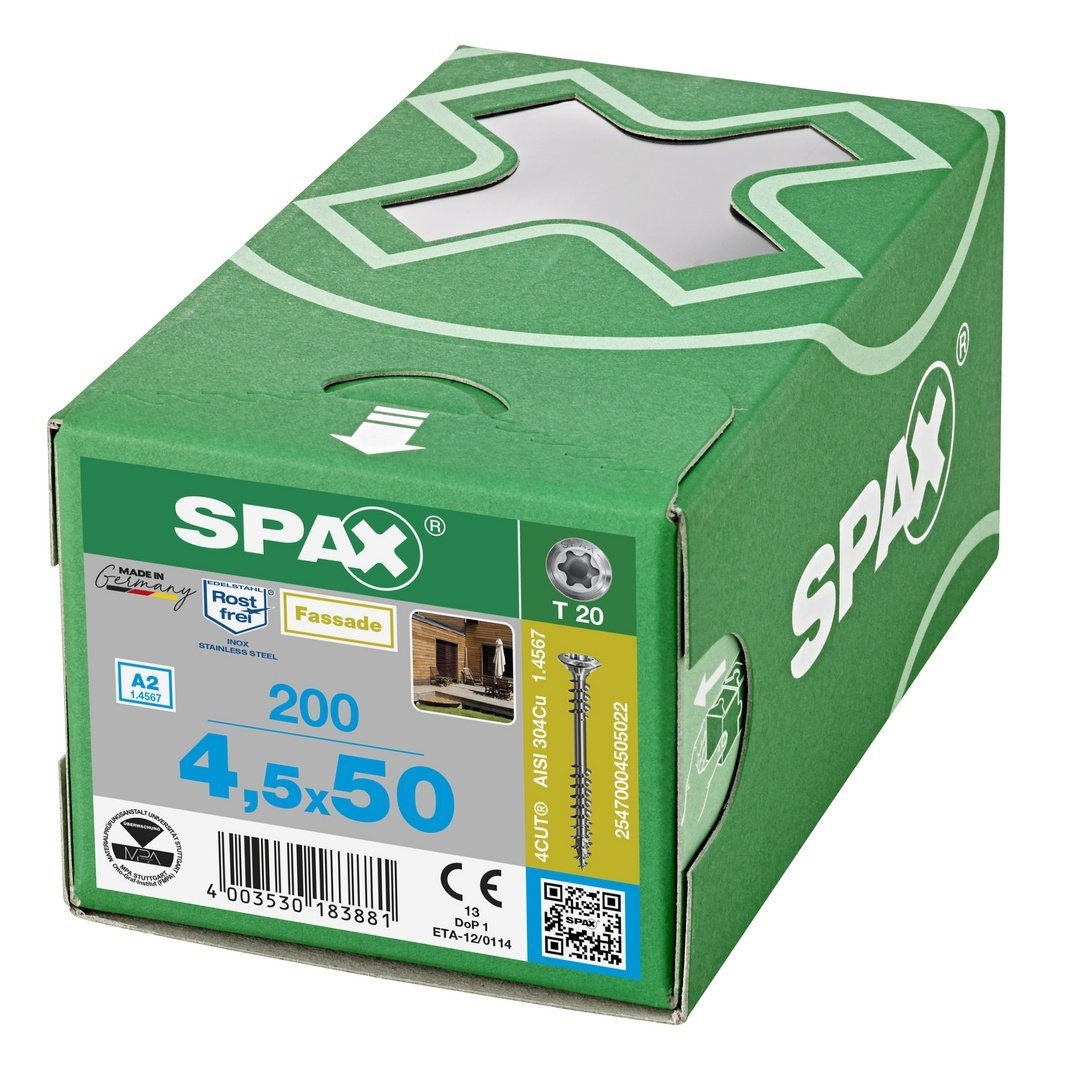 SPAX 4,5x50 mm Spanplattenschraube (Edelstahl Fassadenschraube, St), A2, 200